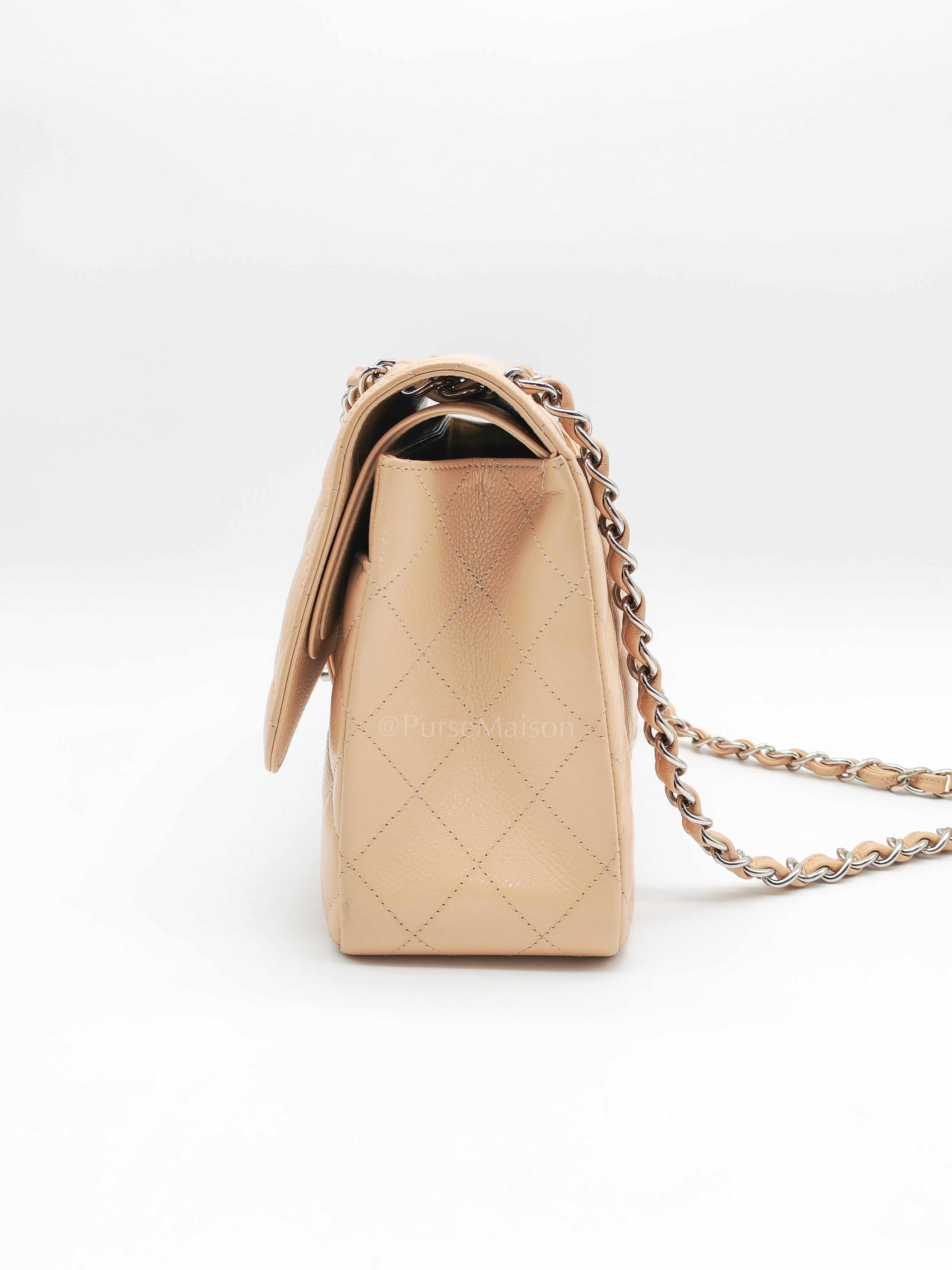 Classic Double Flap Jumbo Beige Caviar Leather in Silver Hardware (Series 30) | Purse Maison Luxury Bags Shop
