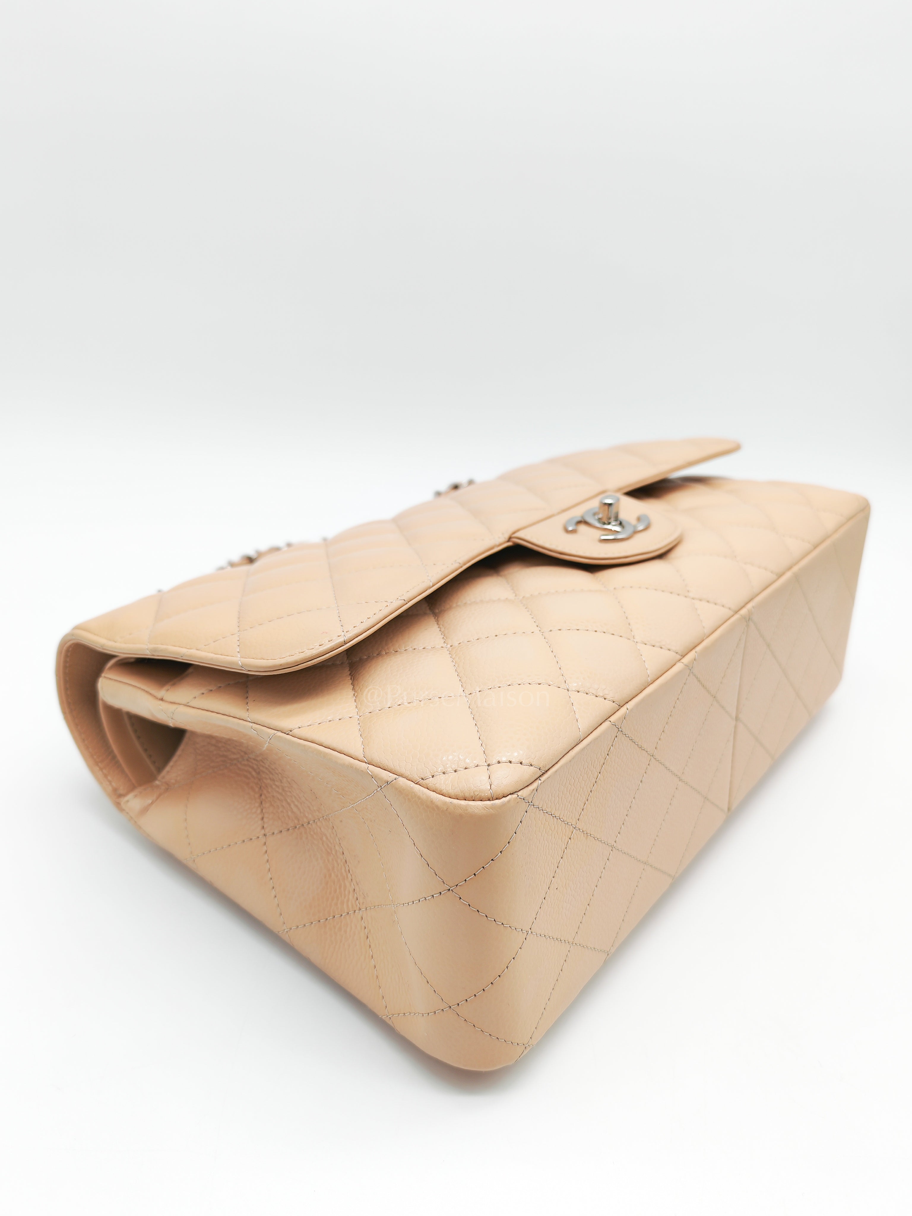 Classic Double Flap Jumbo Beige Caviar Leather in Silver Hardware (Series 30) | Purse Maison Luxury Bags Shop