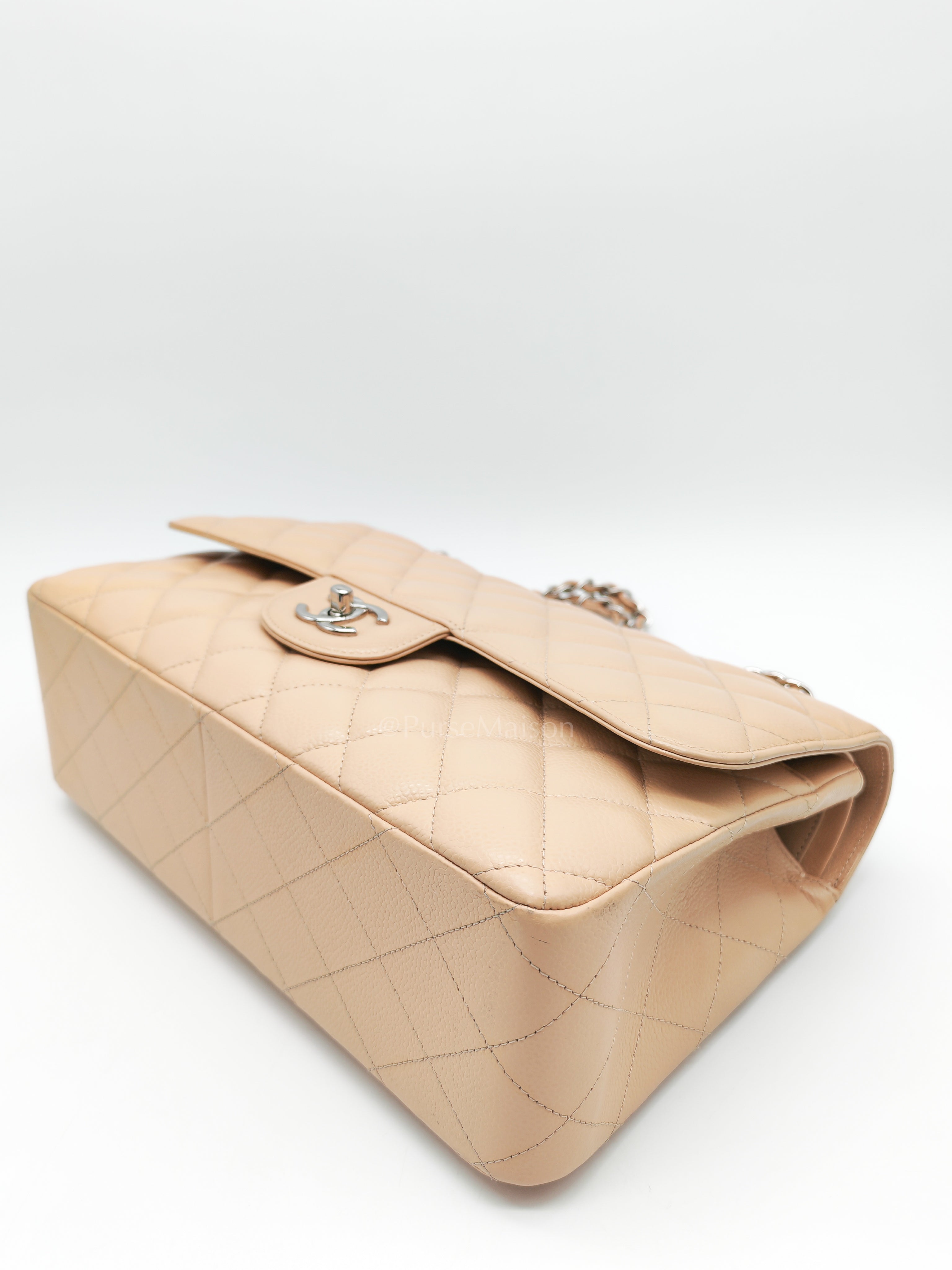 Classic Double Flap Jumbo Beige Caviar Leather in Silver Hardware (Series 30) | Purse Maison Luxury Bags Shop