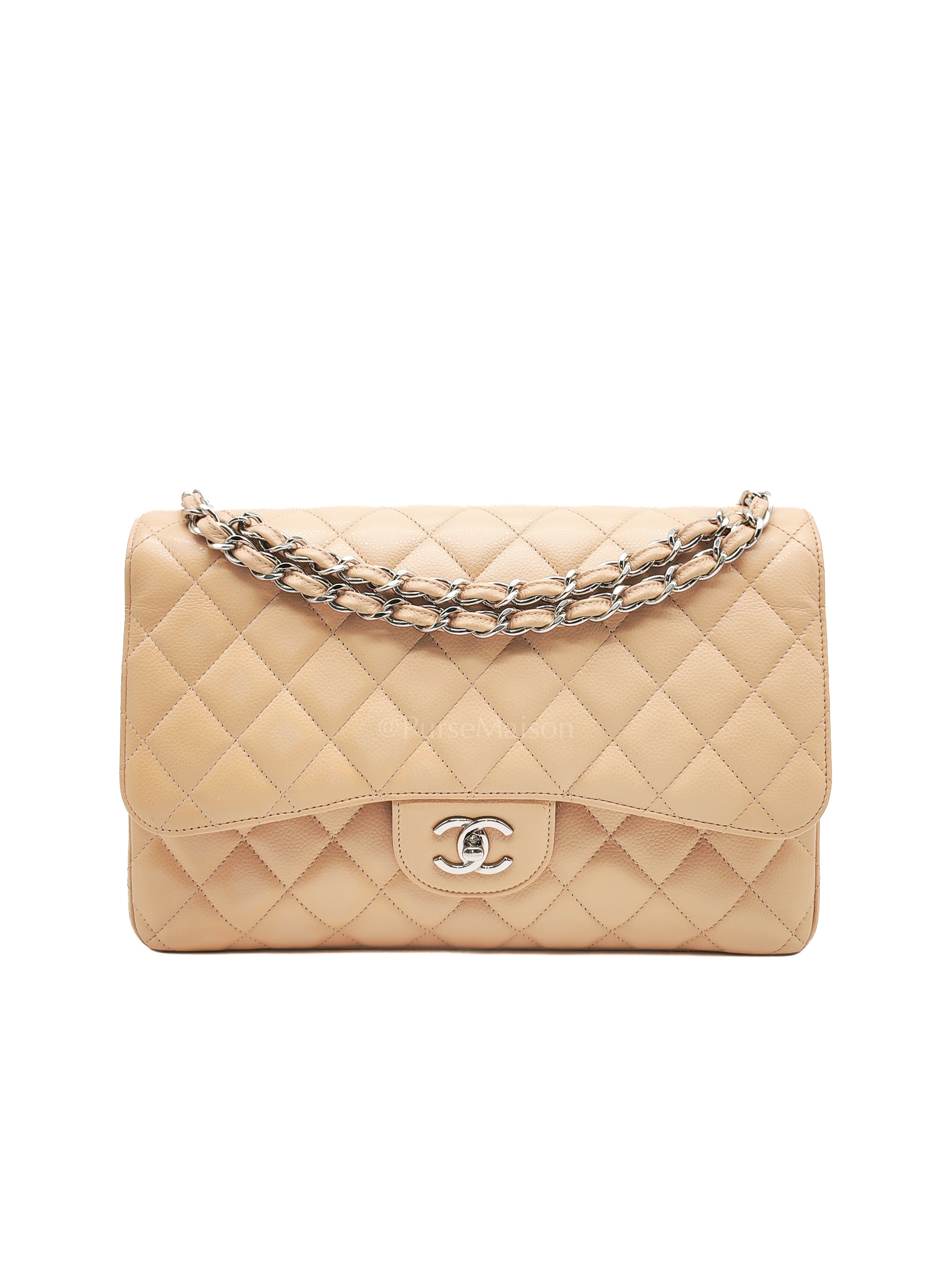 Classic Double Flap Jumbo Beige Caviar Leather in Silver Hardware (Series 30) | Purse Maison Luxury Bags Shop