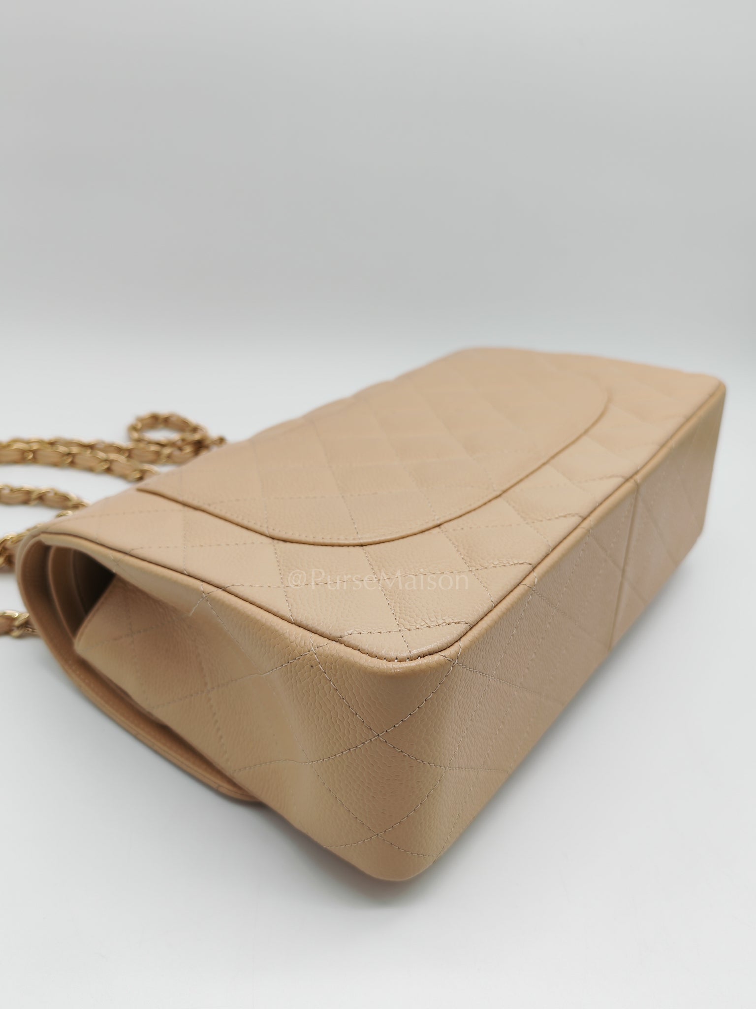 Classic Double Flap Jumbo Beige Caviar Leather on Gold Hardware (Series 19) | Purse Maison Luxury Bags Shop