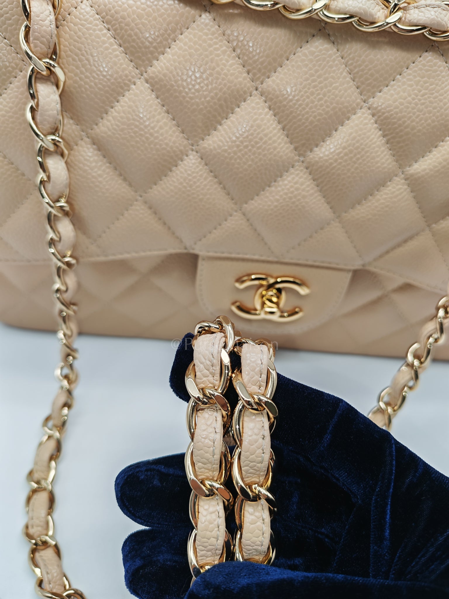 Classic Double Flap Jumbo Beige Caviar Leather on Gold Hardware (Series 19) | Purse Maison Luxury Bags Shop
