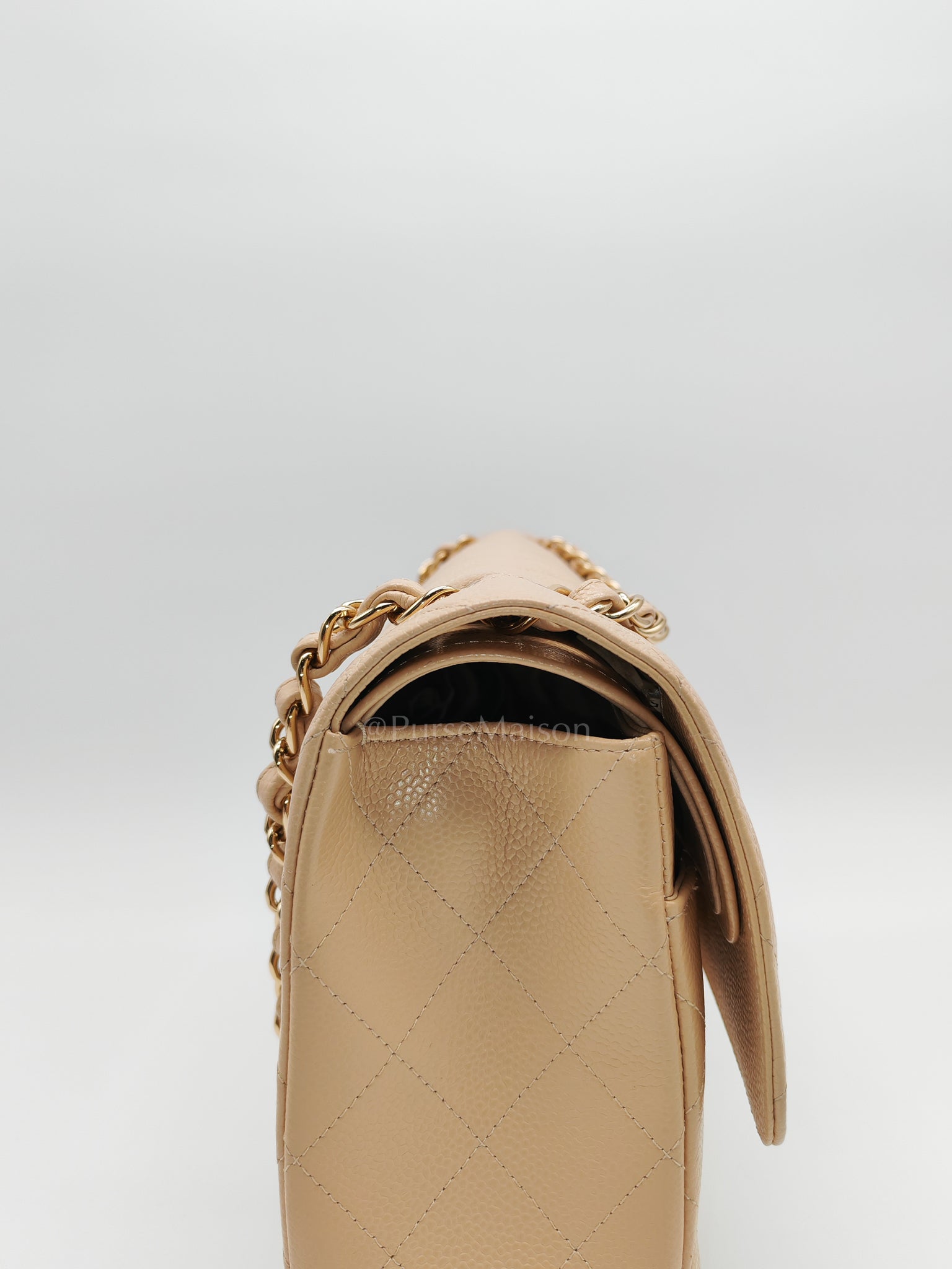 Classic Double Flap Jumbo Beige Caviar Leather on Gold Hardware (Series 19) | Purse Maison Luxury Bags Shop