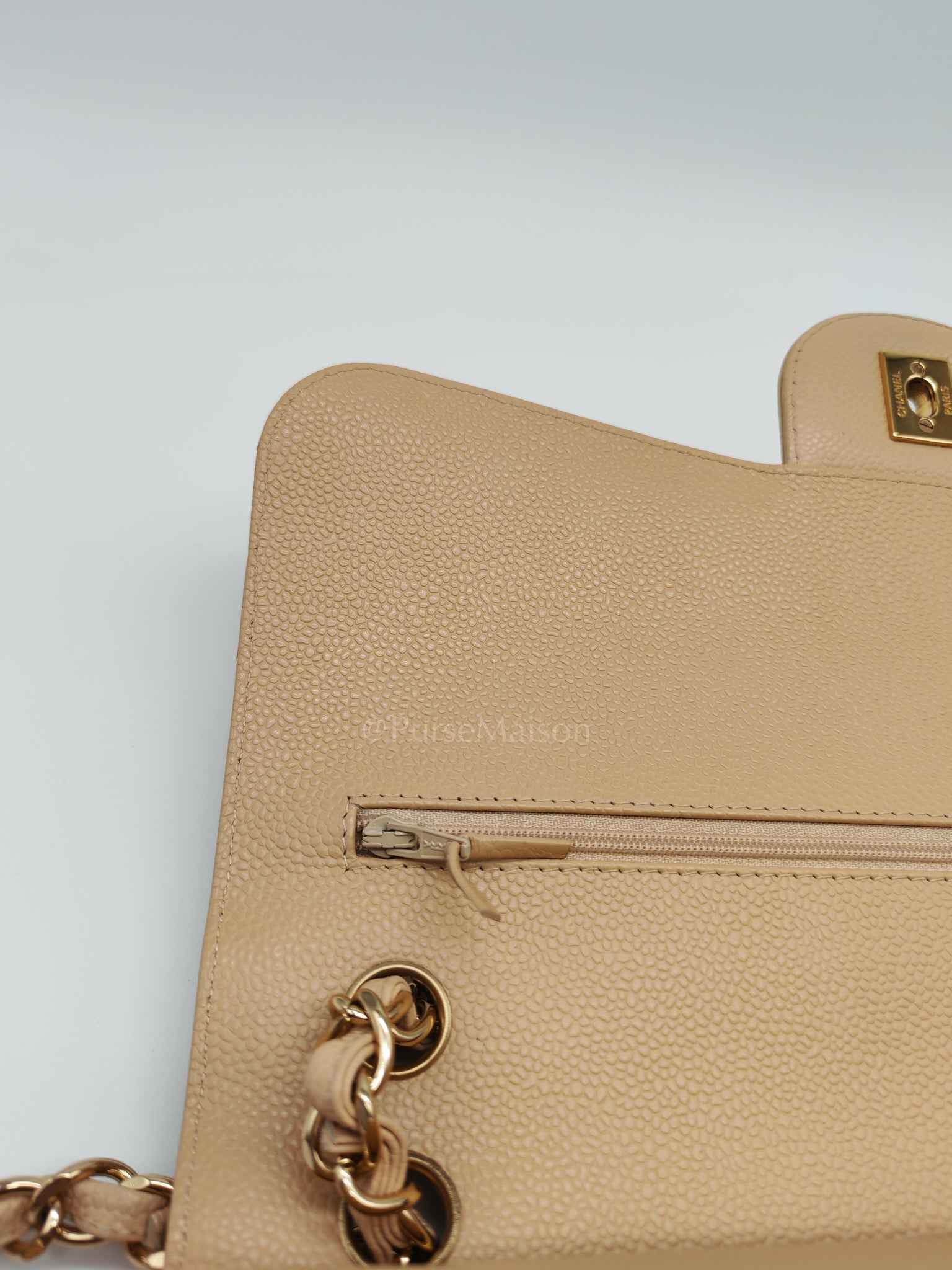 Classic Double Flap Jumbo Beige Caviar Leather on Gold Hardware (Series 19) | Purse Maison Luxury Bags Shop