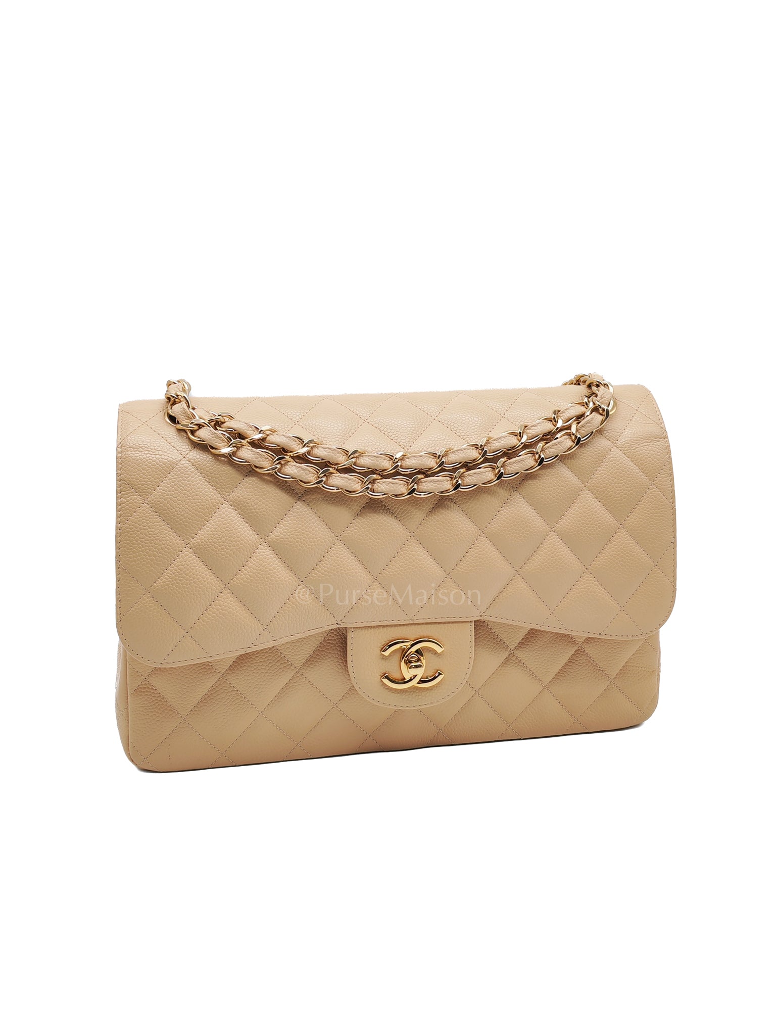 Classic Double Flap Jumbo Beige Caviar Leather on Gold Hardware (Series 19) | Purse Maison Luxury Bags Shop