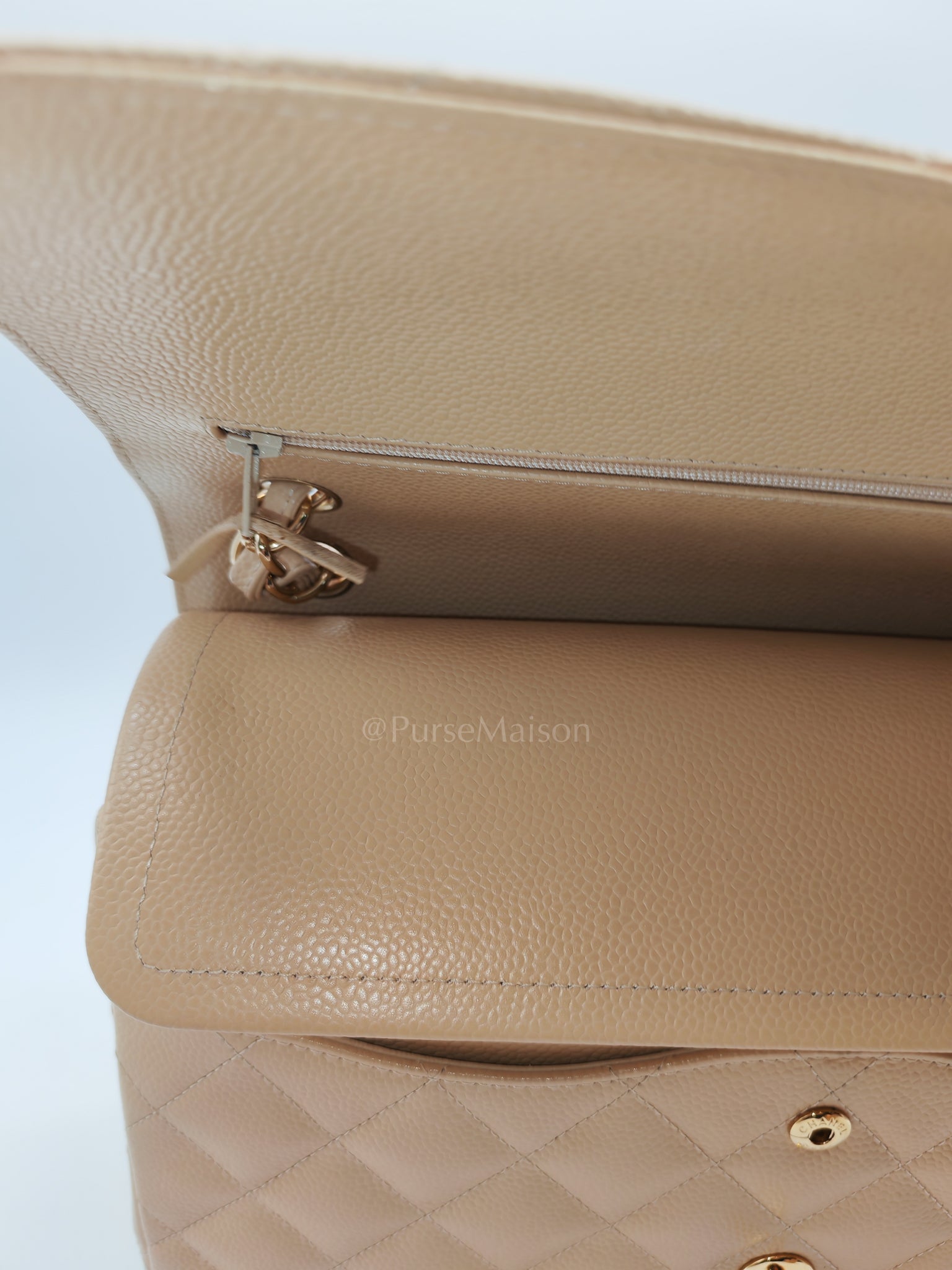 Classic Double Flap Jumbo Beige Caviar Leather on Gold Hardware (Series 19) | Purse Maison Luxury Bags Shop