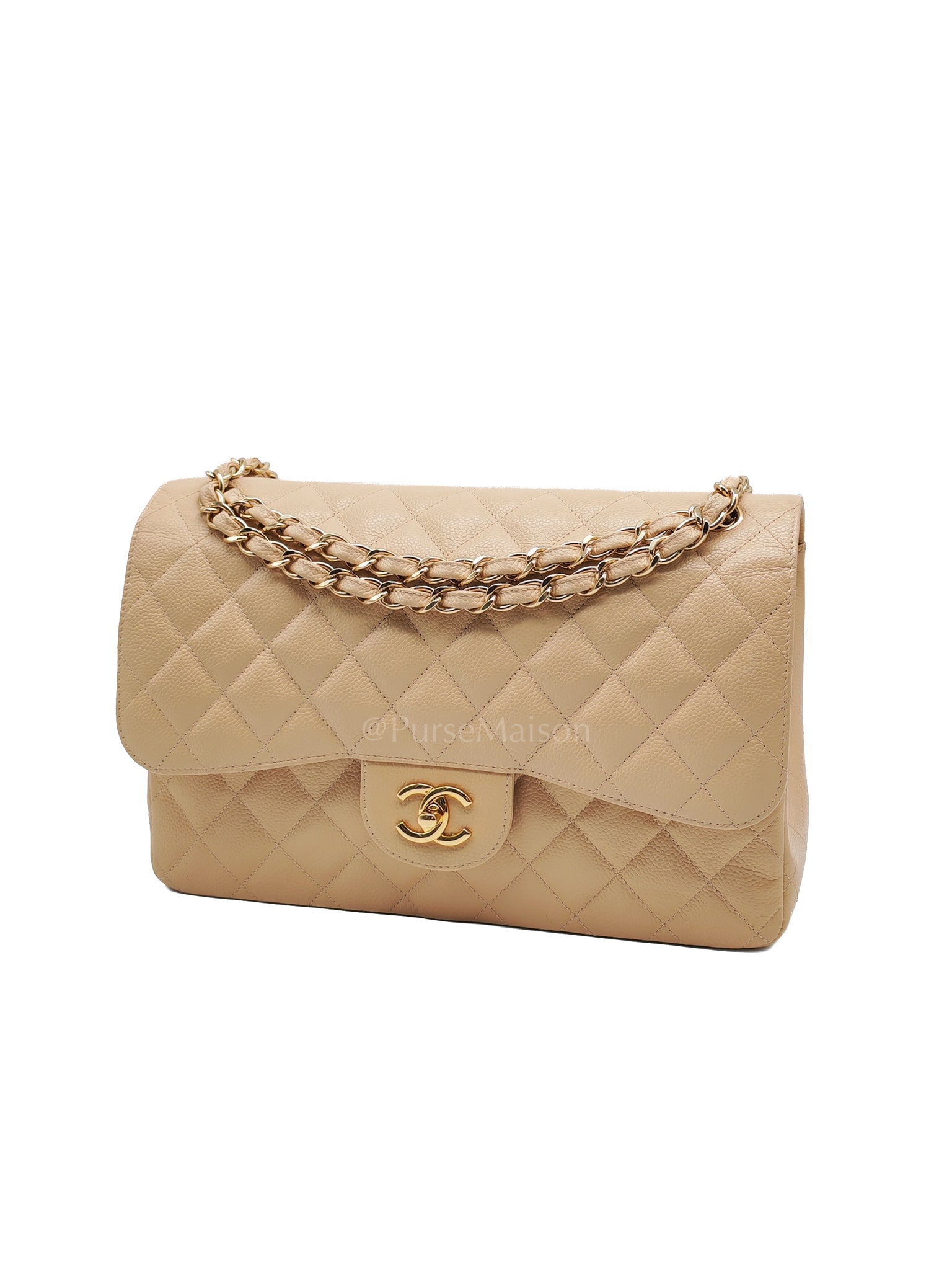 Classic Double Flap Jumbo Beige Caviar Leather on Gold Hardware (Series 19) | Purse Maison Luxury Bags Shop