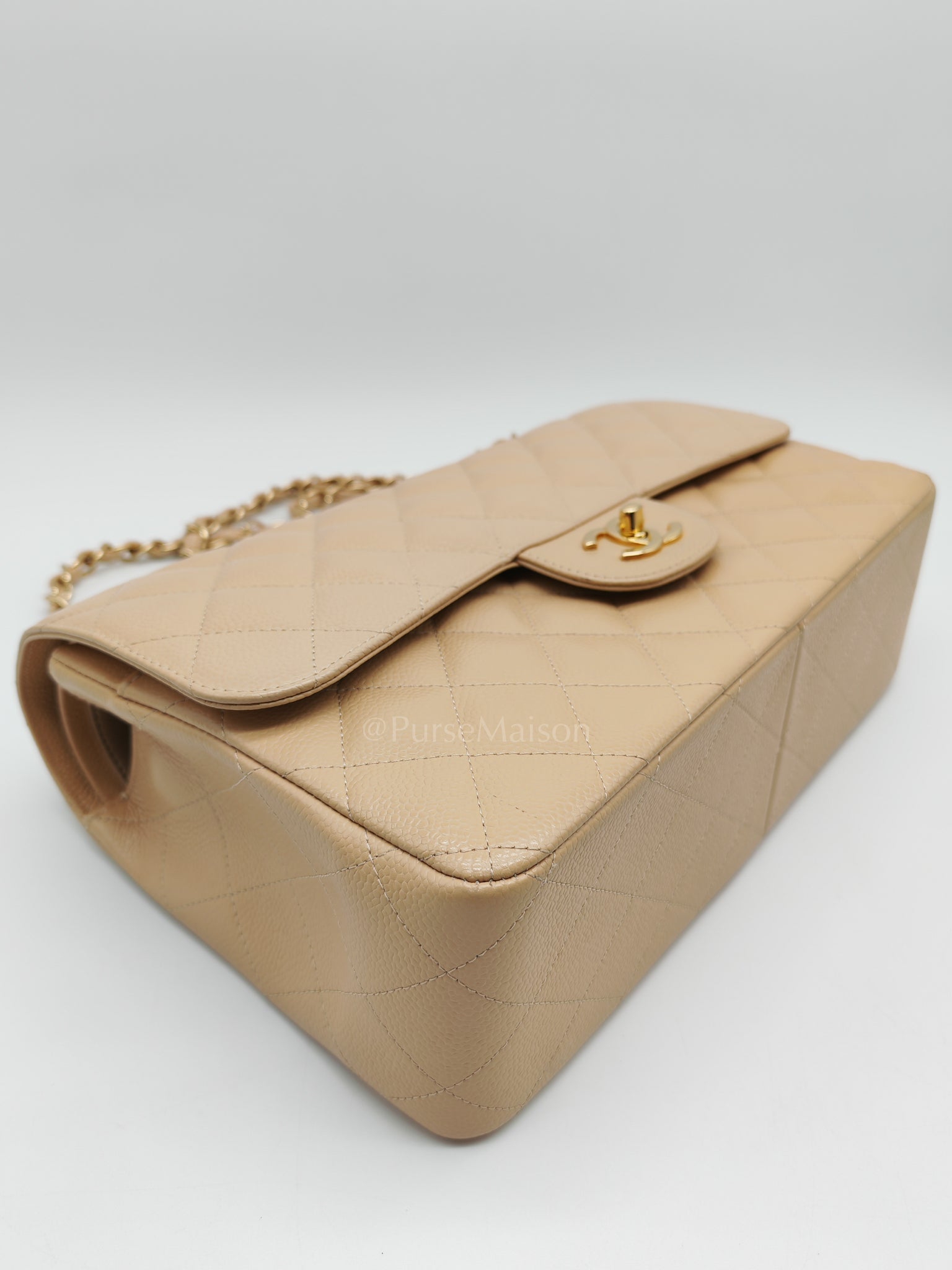 Classic Double Flap Jumbo Beige Caviar Leather on Gold Hardware (Series 19) | Purse Maison Luxury Bags Shop