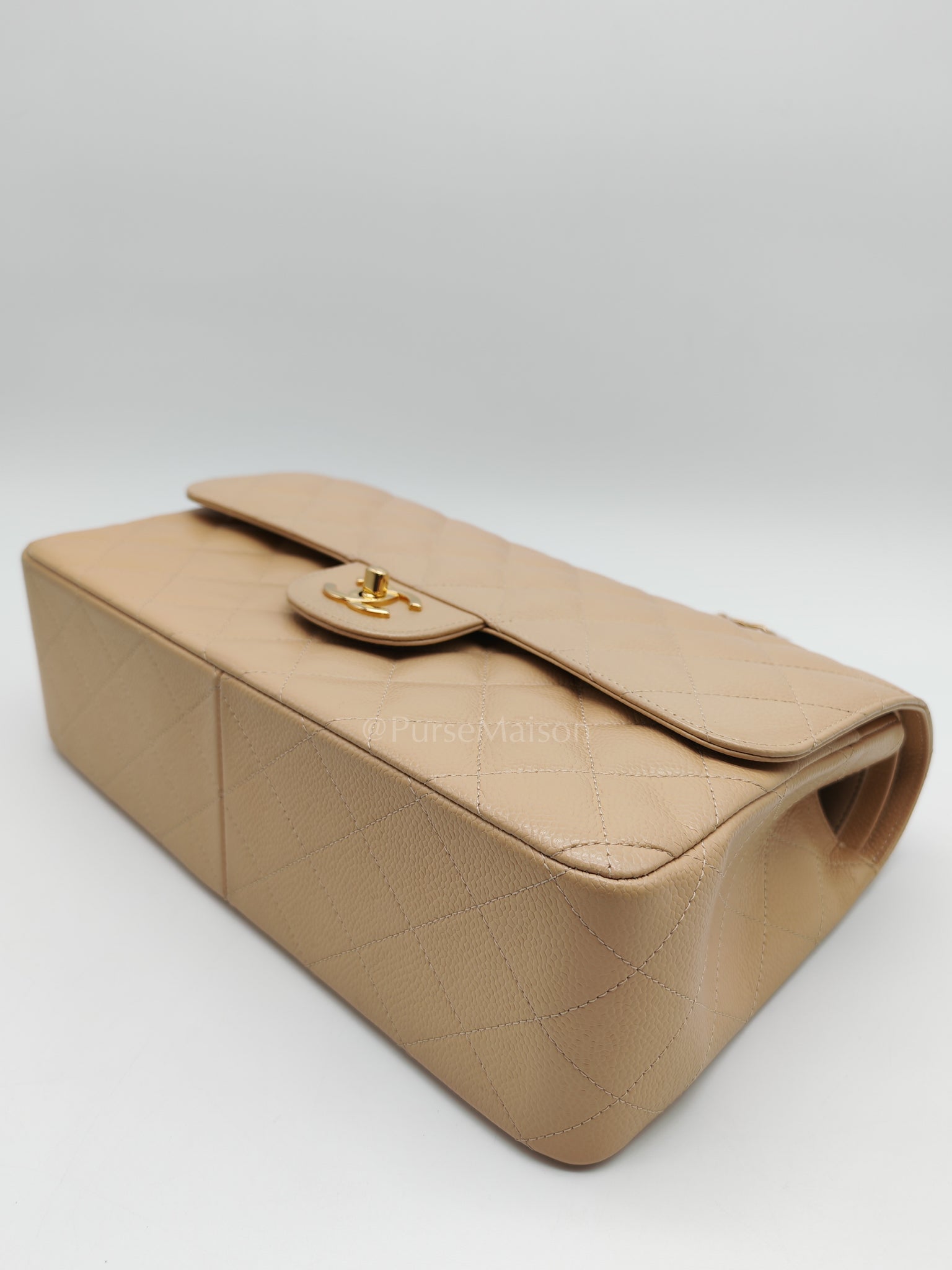 Classic Double Flap Jumbo Beige Caviar Leather on Gold Hardware (Series 19) | Purse Maison Luxury Bags Shop