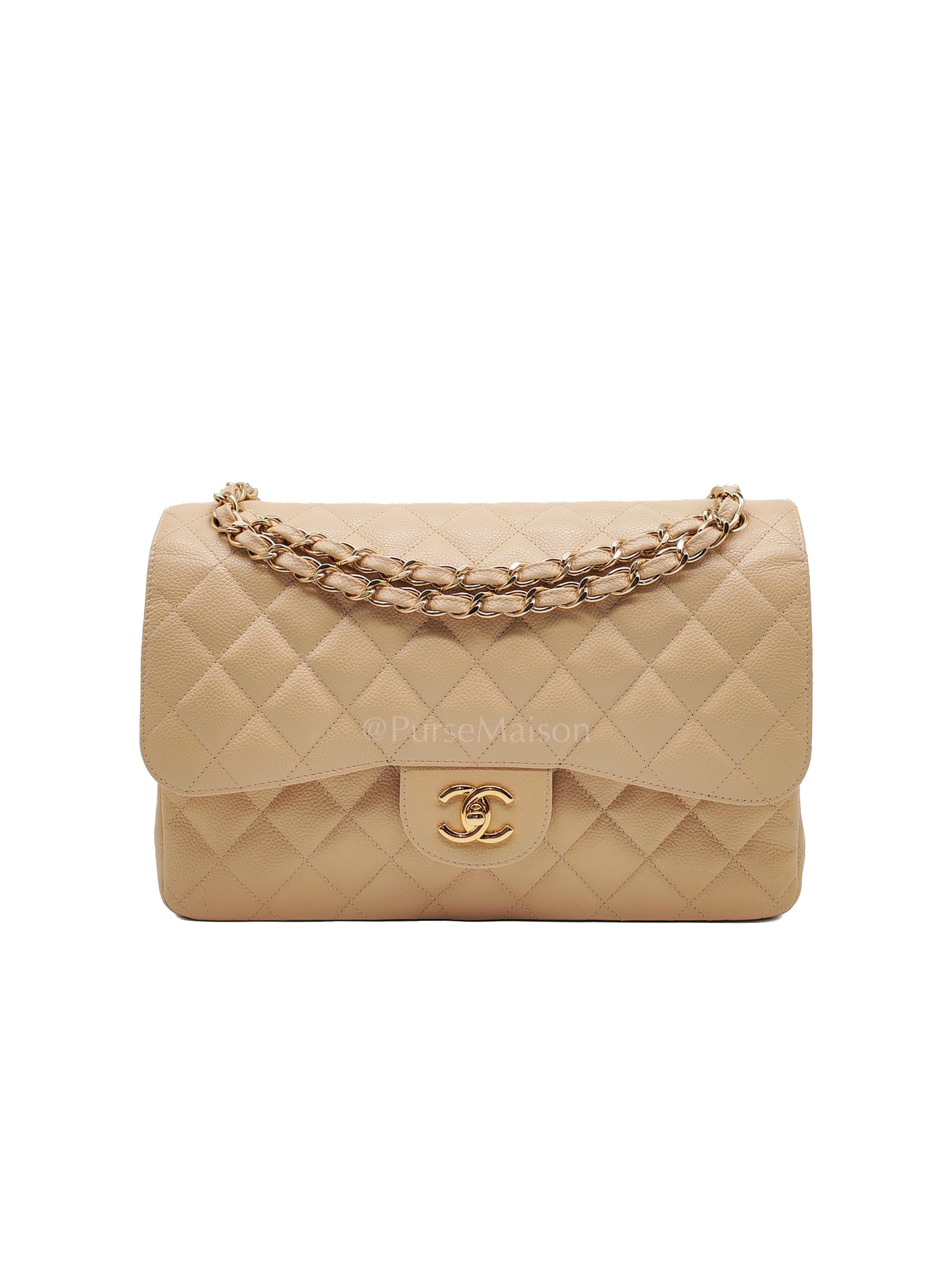 Classic Double Flap Jumbo Beige Caviar Leather on Gold Hardware (Series 19) | Purse Maison Luxury Bags Shop