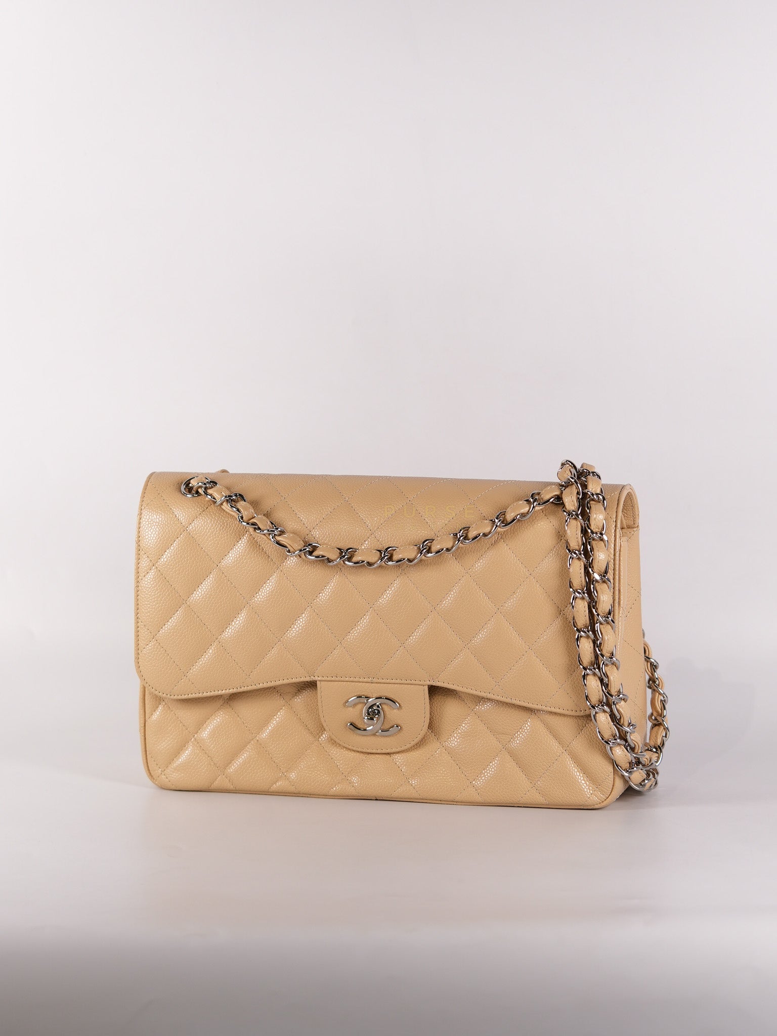 Classic Double Flap Jumbo Beige Clair Caviar Leather Silver Hardware (Series 17) | Purse Maison Luxury Bags Shop