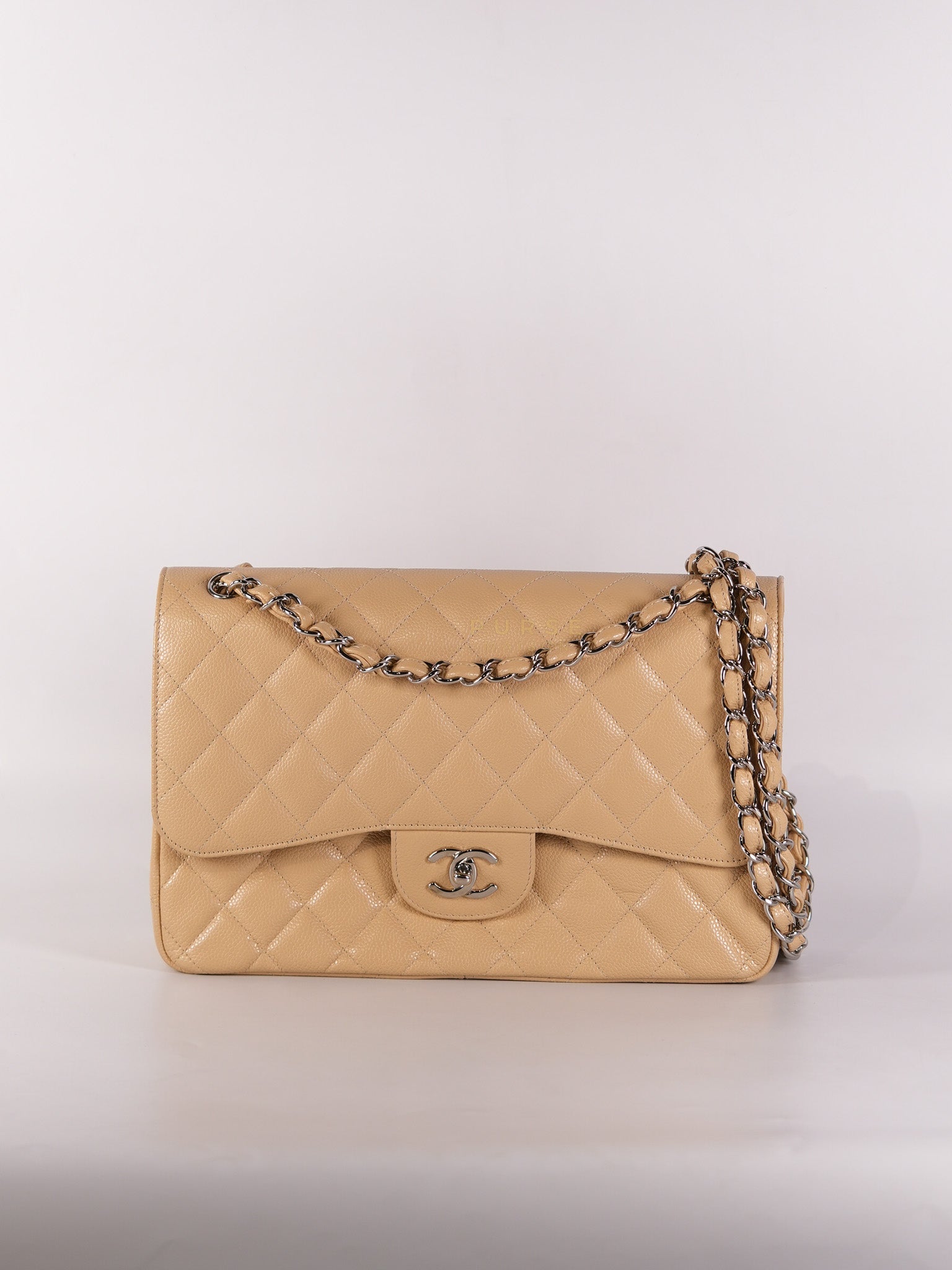 Classic Double Flap Jumbo Beige Clair Caviar Leather Silver Hardware (Series 17) | Purse Maison Luxury Bags Shop