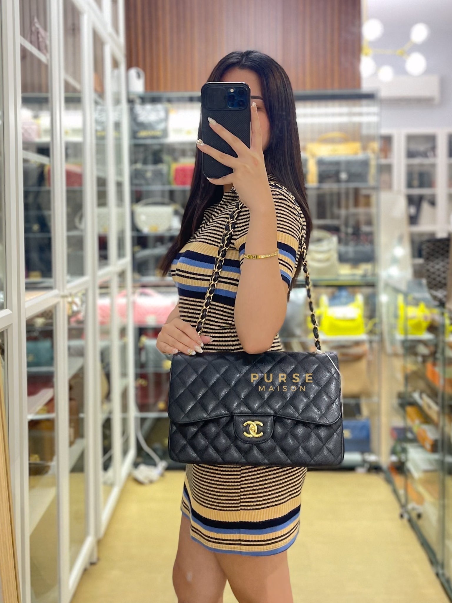 Classic Double Flap Jumbo Black Caviar Leather and Gold Hardware Series 23 | Purse Maison Luxury Bags Shop