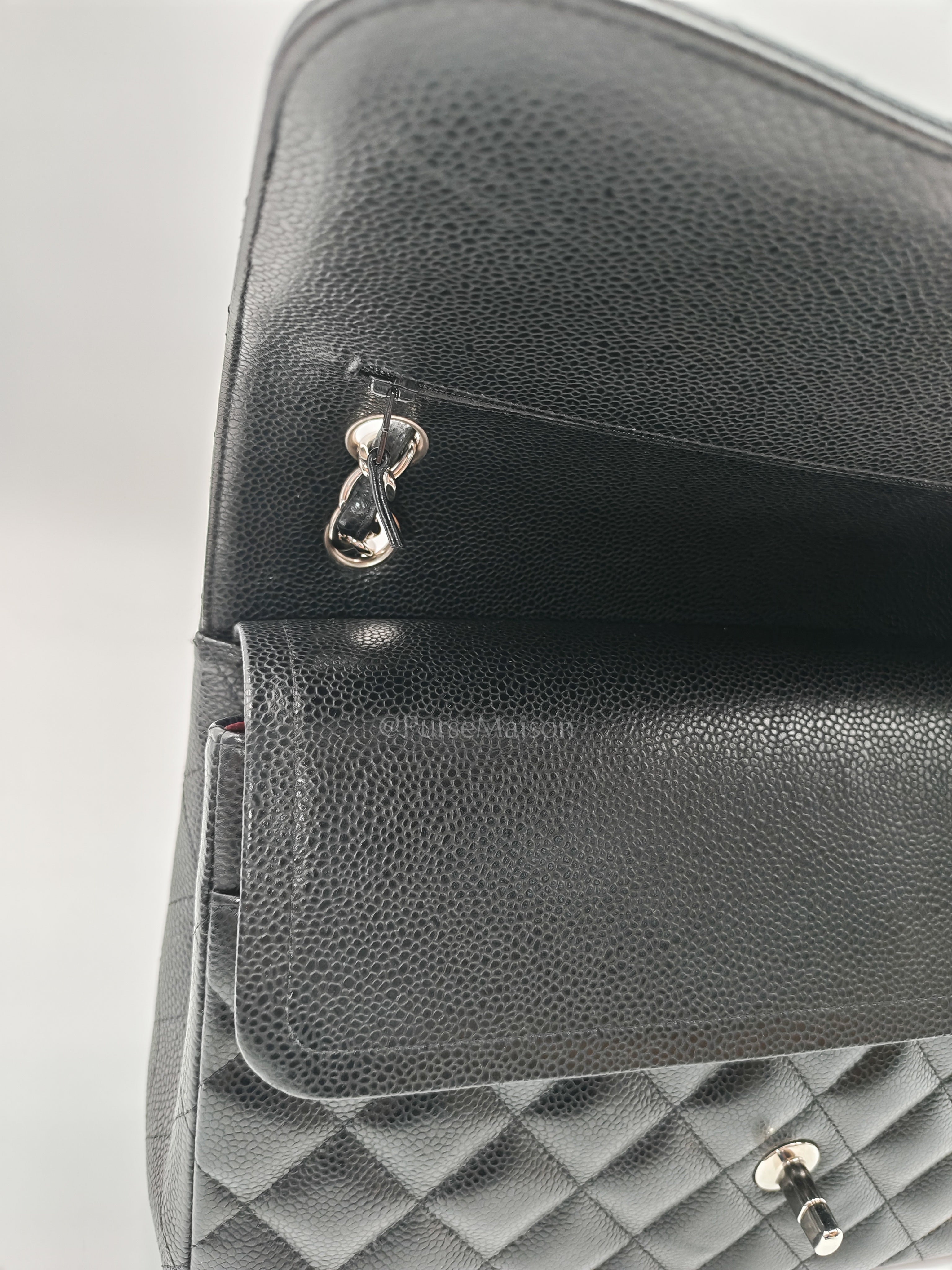 Classic Double Flap Jumbo Black Caviar Leather in Silver Hardware (Series 26) | Purse Maison Luxury Bags Shop