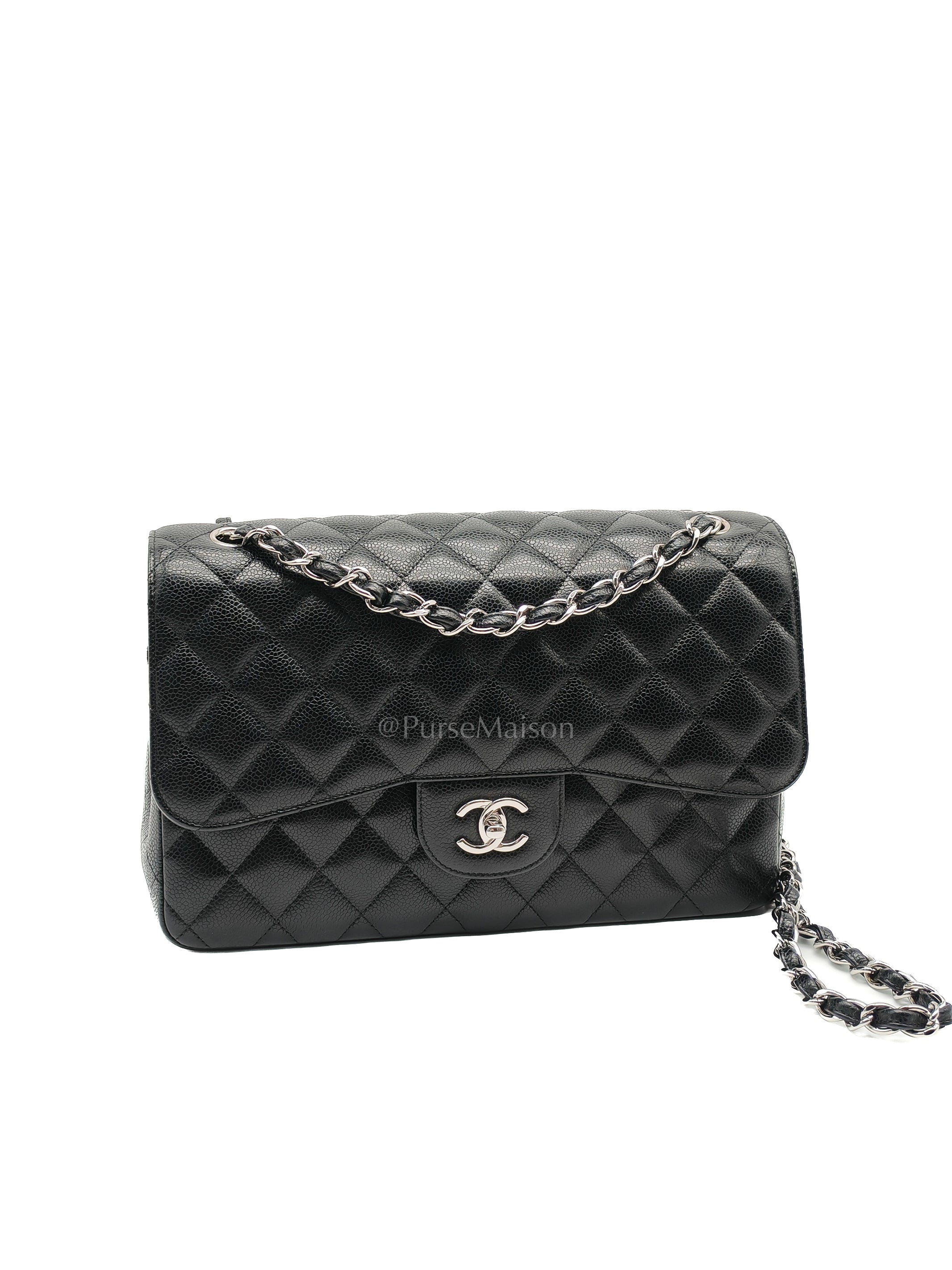 Classic Double Flap Jumbo Black Caviar Leather in Silver Hardware (Series 26) | Purse Maison Luxury Bags Shop