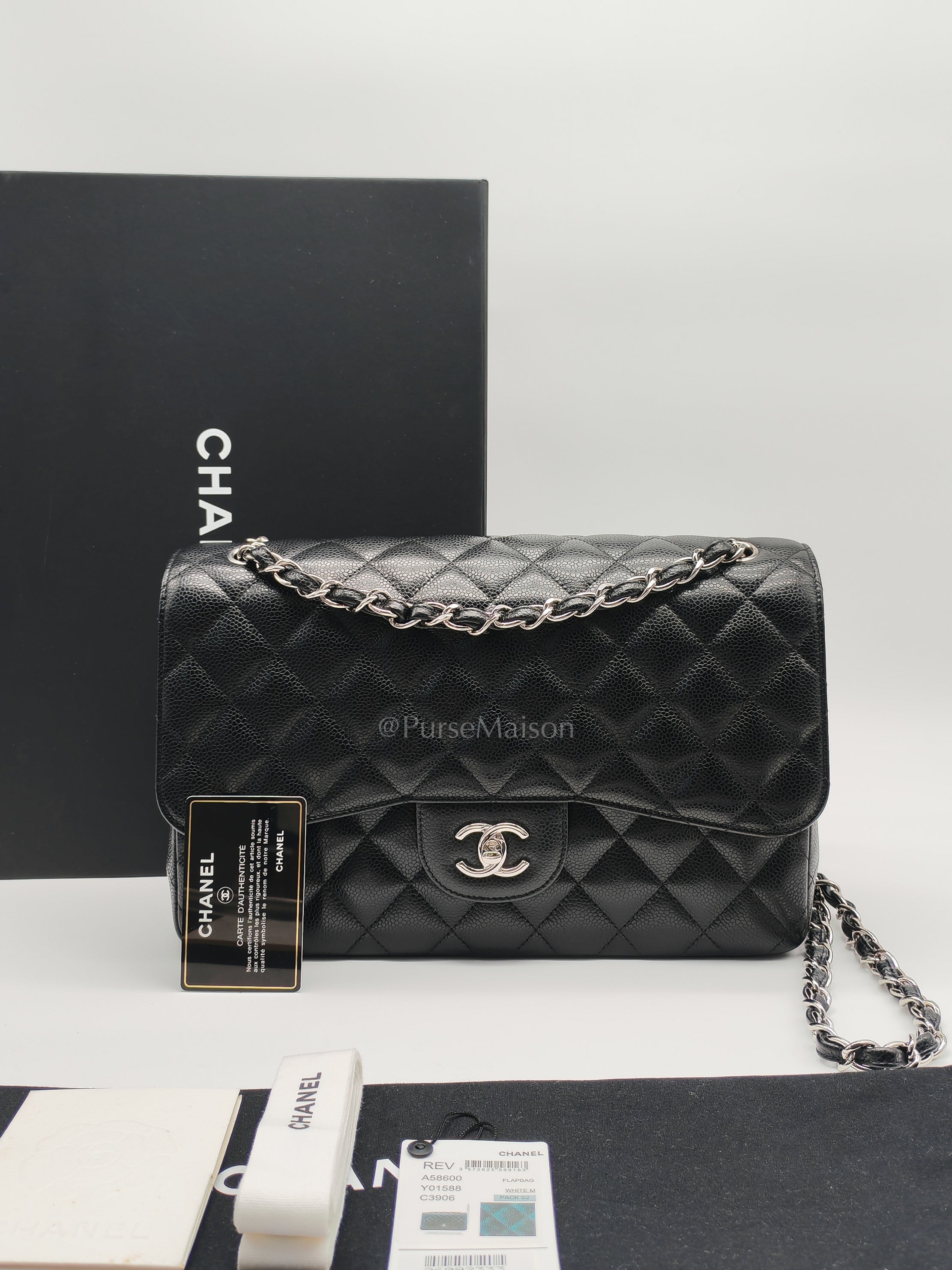 Classic Double Flap Jumbo Black Caviar Leather in Silver Hardware (Series 26) | Purse Maison Luxury Bags Shop