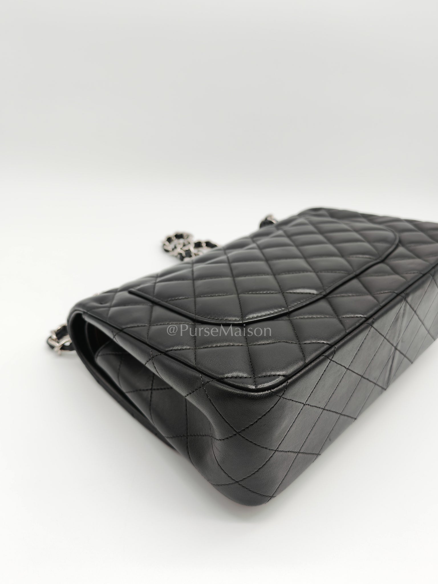 Classic Double Flap Jumbo Black Lambskin Leather in Silver Hardware (Series 15) | Purse Maison Luxury Bags Shop