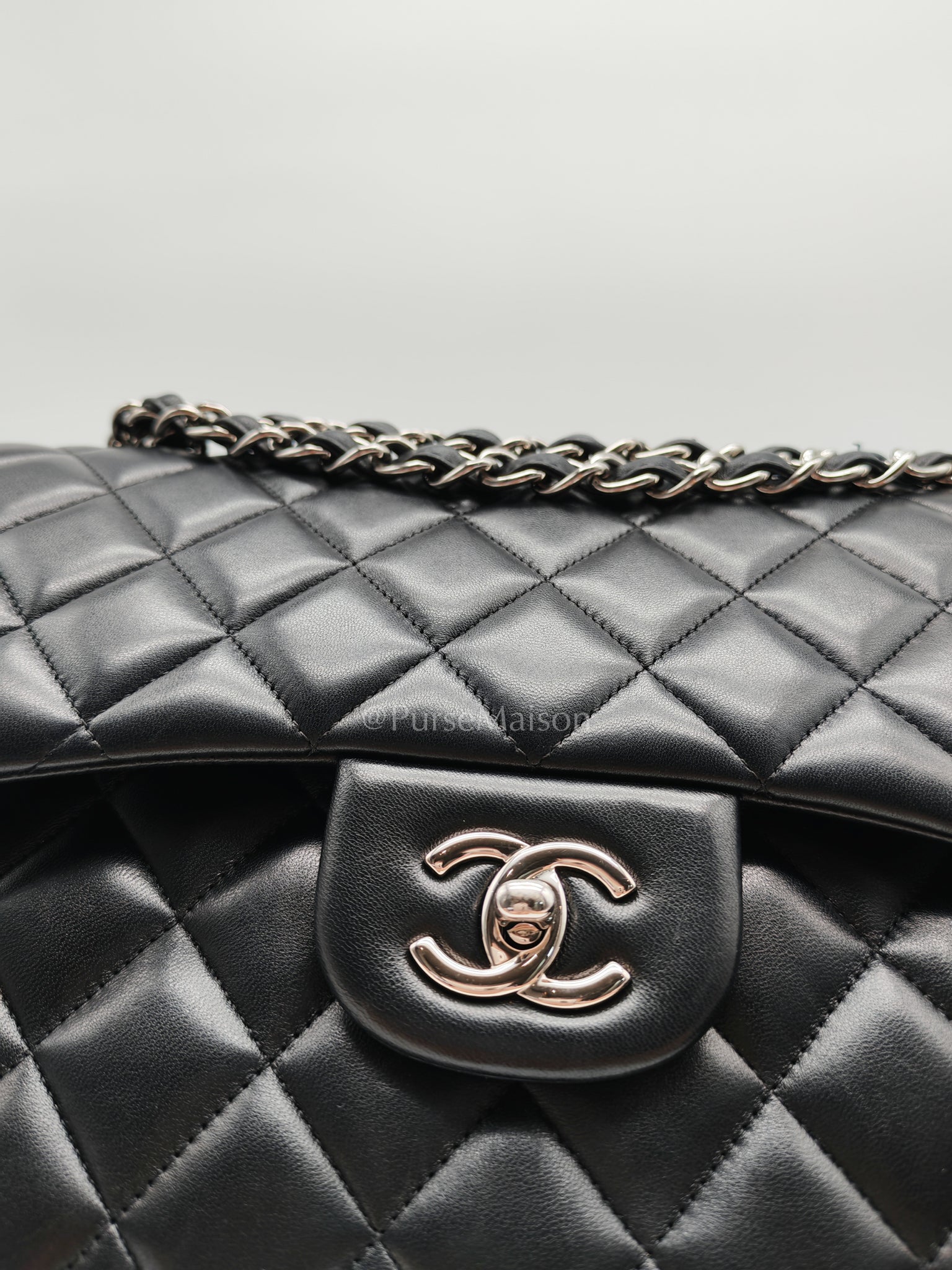 Classic Double Flap Jumbo Black Lambskin Leather in Silver Hardware (Series 15) | Purse Maison Luxury Bags Shop