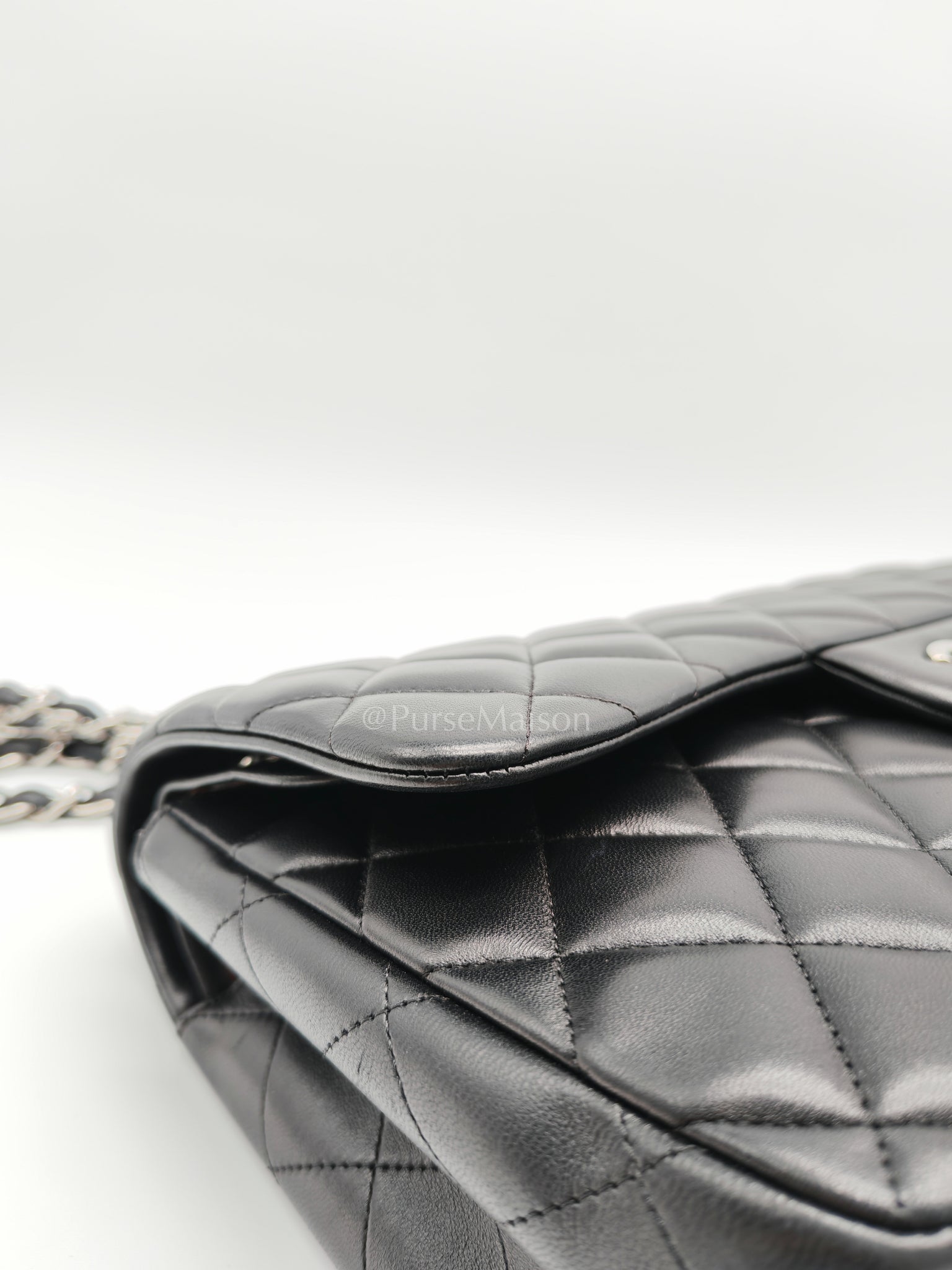 Classic Double Flap Jumbo Black Lambskin Leather in Silver Hardware (Series 15) | Purse Maison Luxury Bags Shop