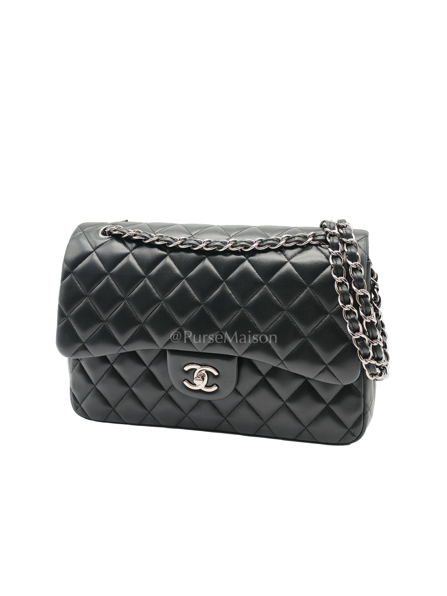 Classic Double Flap Jumbo Black Lambskin Leather in Silver Hardware (Series 15) | Purse Maison Luxury Bags Shop