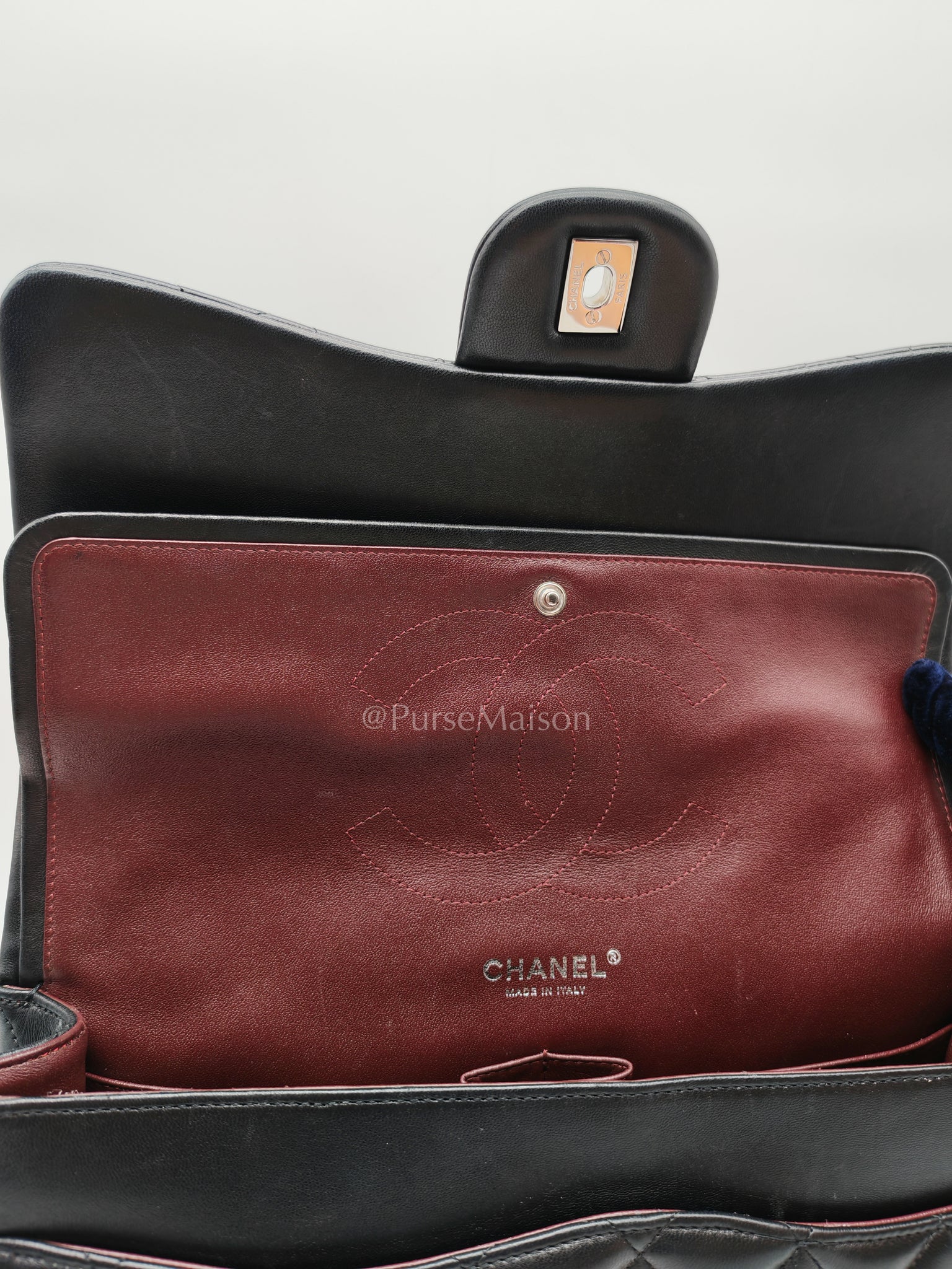 Classic Double Flap Jumbo Black Lambskin Leather in Silver Hardware (Series 15) | Purse Maison Luxury Bags Shop