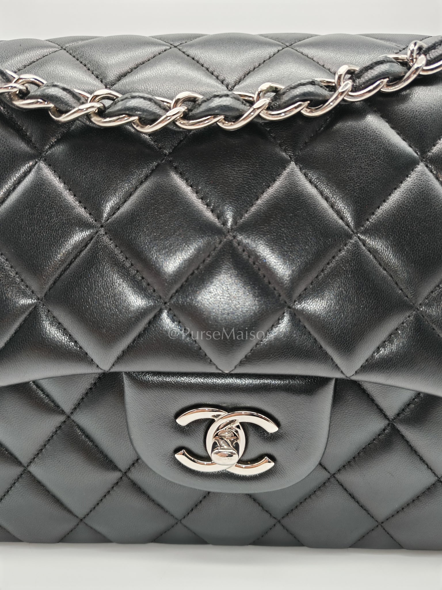 Classic Double Flap Jumbo Black Lambskin Leather in Silver Hardware (Series 15) | Purse Maison Luxury Bags Shop