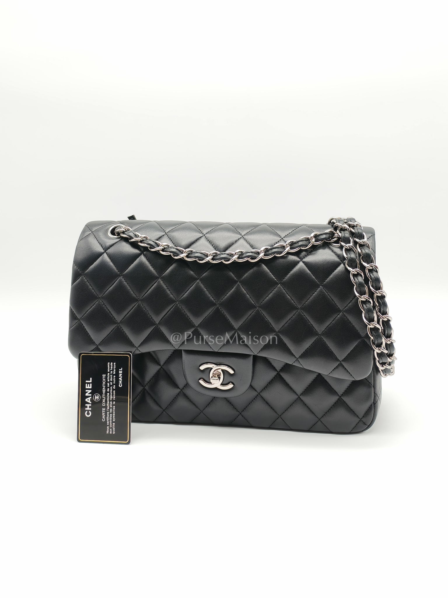 Classic Double Flap Jumbo Black Lambskin Leather in Silver Hardware (Series 15) | Purse Maison Luxury Bags Shop