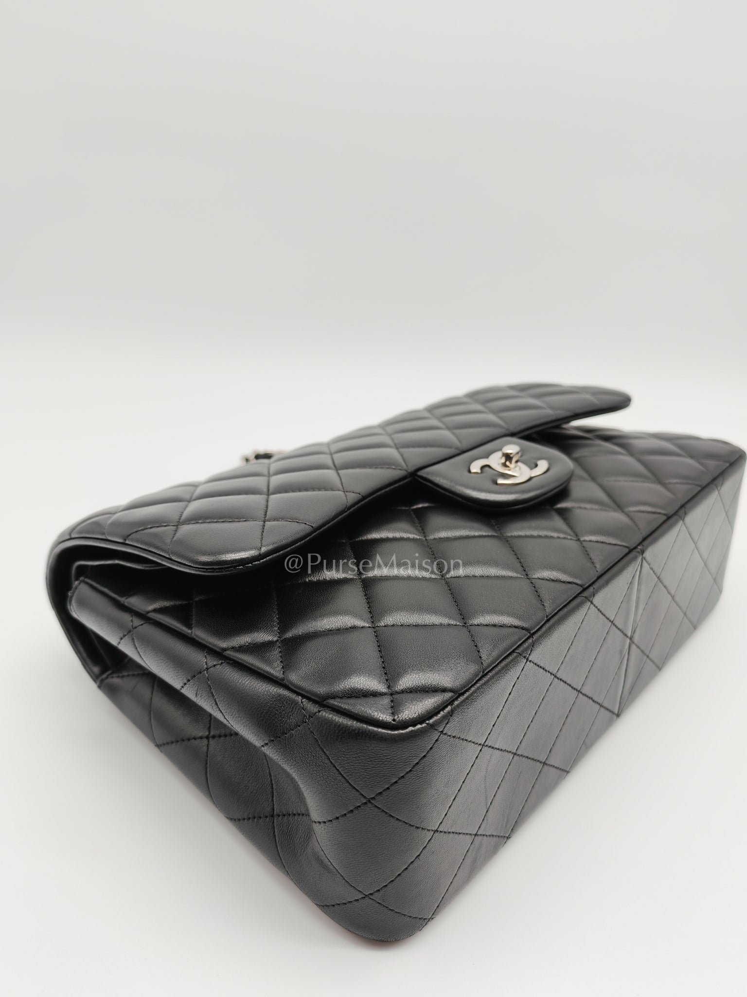 Classic Double Flap Jumbo Black Lambskin Leather in Silver Hardware (Series 15) | Purse Maison Luxury Bags Shop