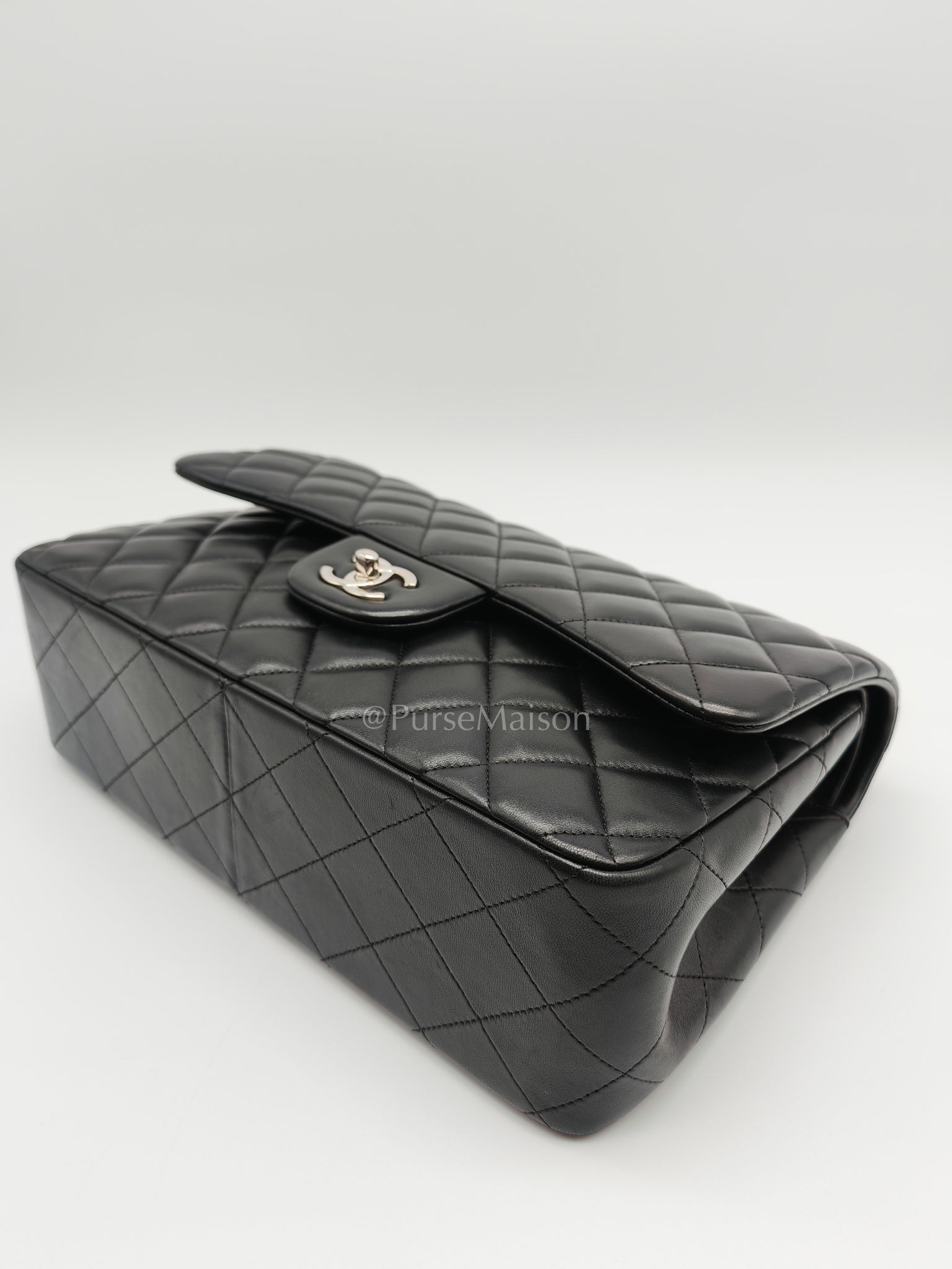Classic Double Flap Jumbo Black Lambskin Leather in Silver Hardware (Series 15) | Purse Maison Luxury Bags Shop
