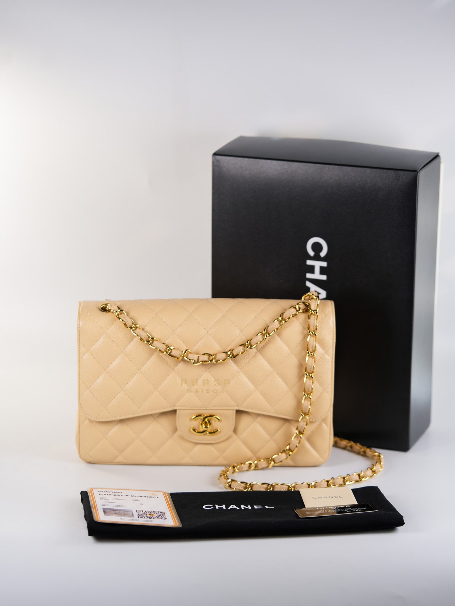 Classic Double Flap Jumbo in Beige Caviar Leather & Gold Hardware (Series 14) | Purse Maison Luxury Bags Shop