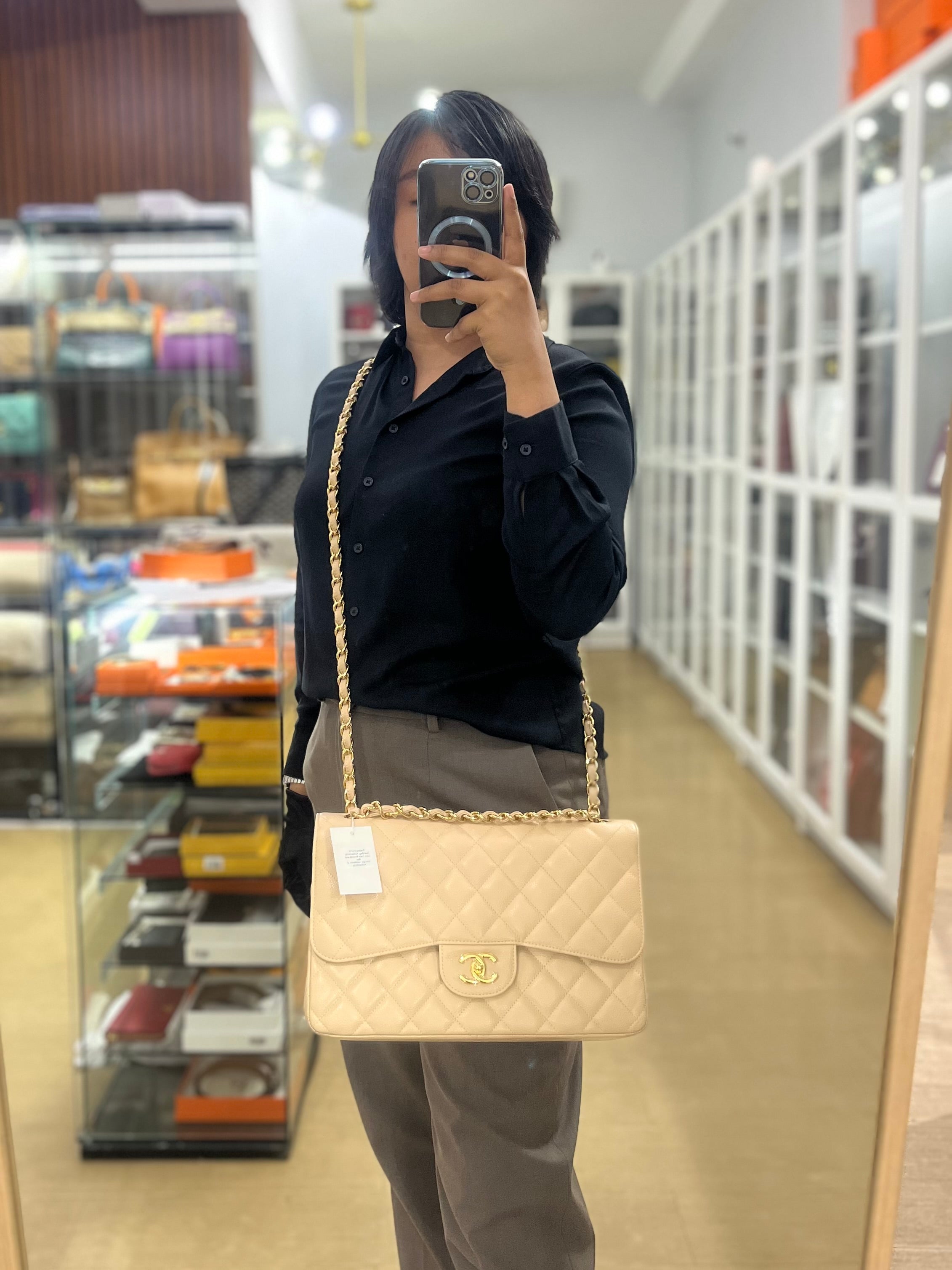 Classic Double Flap Jumbo in Beige Caviar Leather & Gold Hardware (Series 14) | Purse Maison Luxury Bags Shop