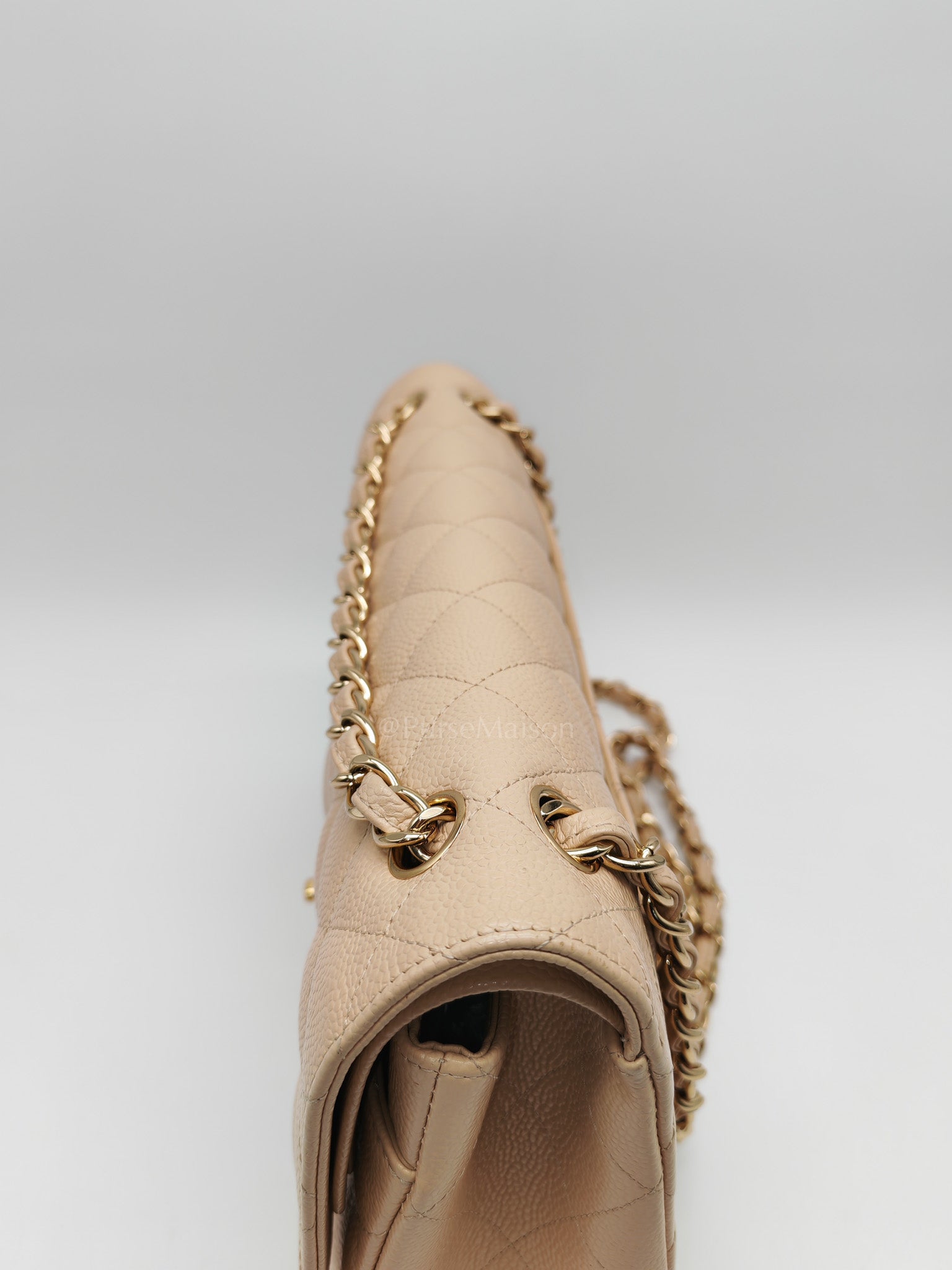 Classic Double Flap Jumbo in Beige Clair Quilted Caviar Leather & Gold Hardware Series 18 | Purse Maison Luxury Bags Shop