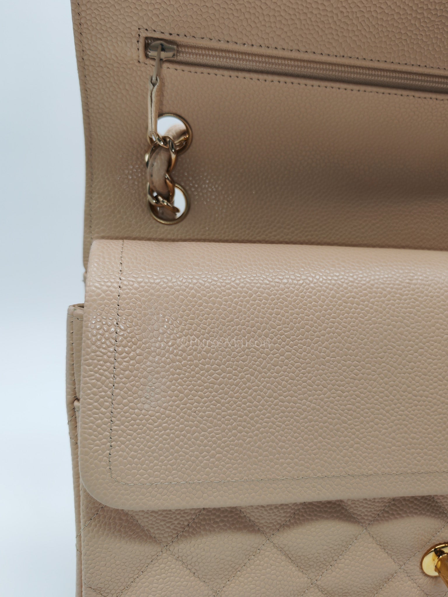 Classic Double Flap Jumbo in Beige Clair Quilted Caviar Leather & Gold Hardware Series 18 | Purse Maison Luxury Bags Shop