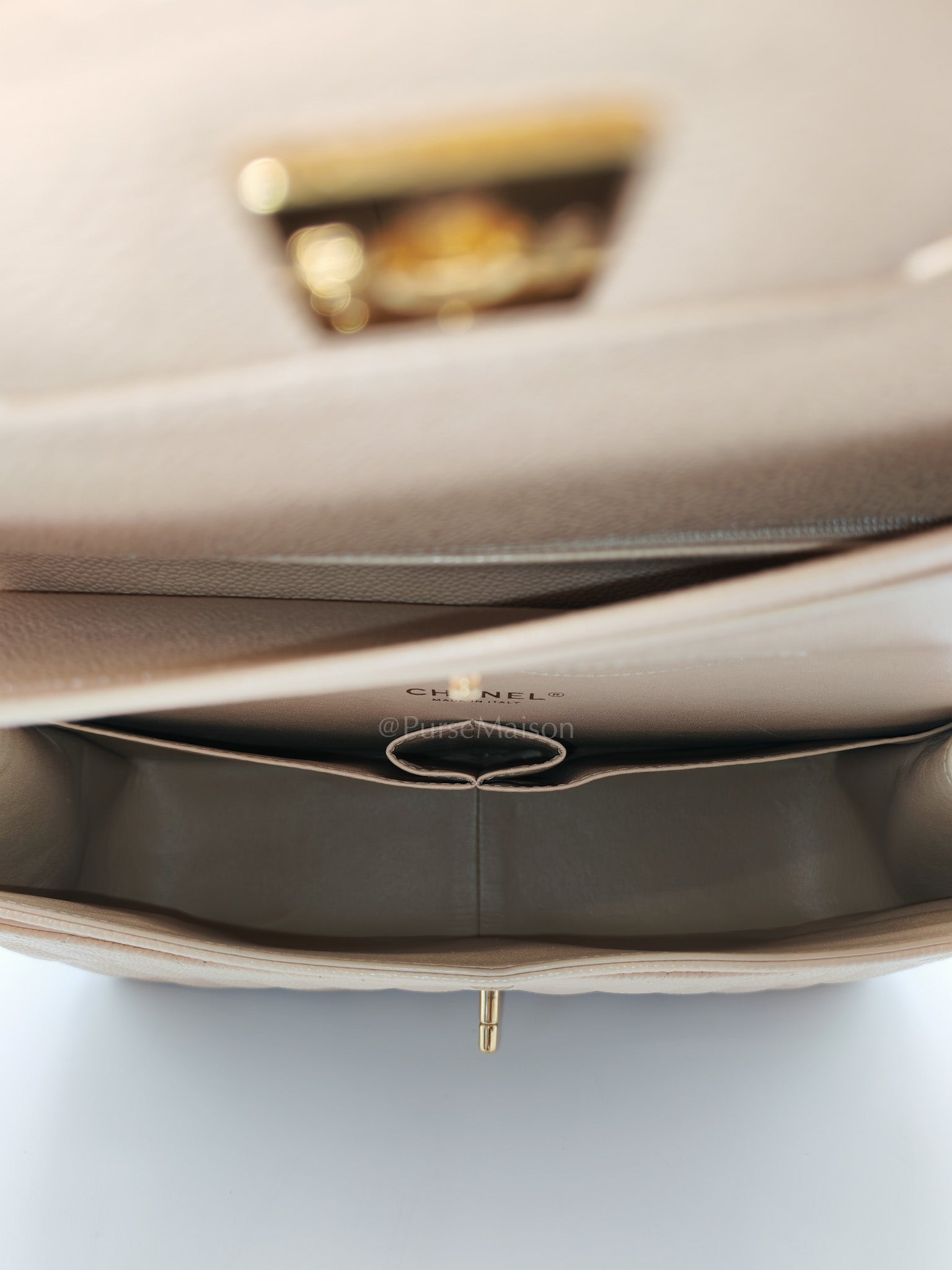 Classic Double Flap Jumbo in Beige Clair Quilted Caviar Leather & Gold Hardware Series 18 | Purse Maison Luxury Bags Shop