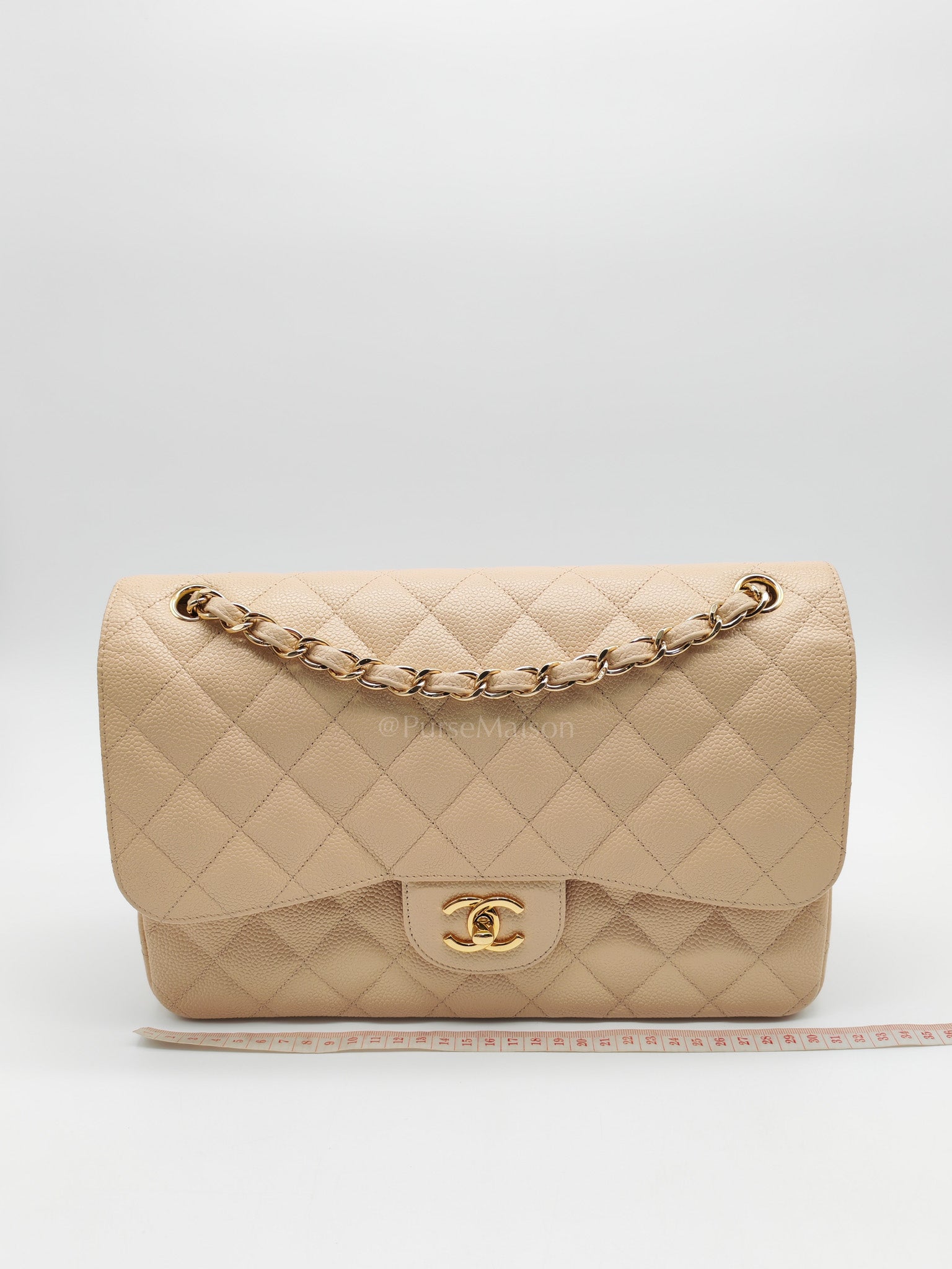 Classic Double Flap Jumbo in Beige Clair Quilted Caviar Leather & Gold Hardware Series 18 | Purse Maison Luxury Bags Shop