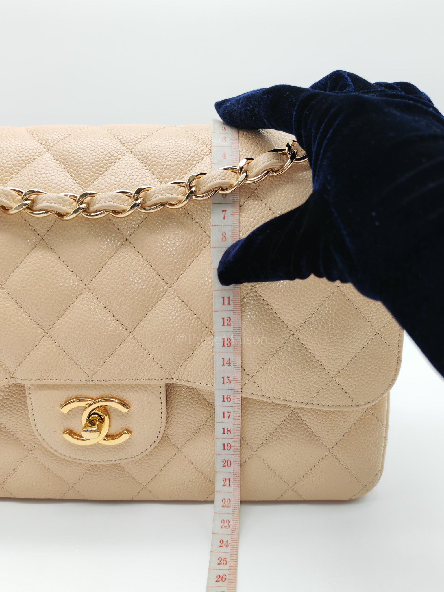 Classic Double Flap Jumbo in Beige Clair Quilted Caviar Leather & Gold Hardware Series 18 | Purse Maison Luxury Bags Shop