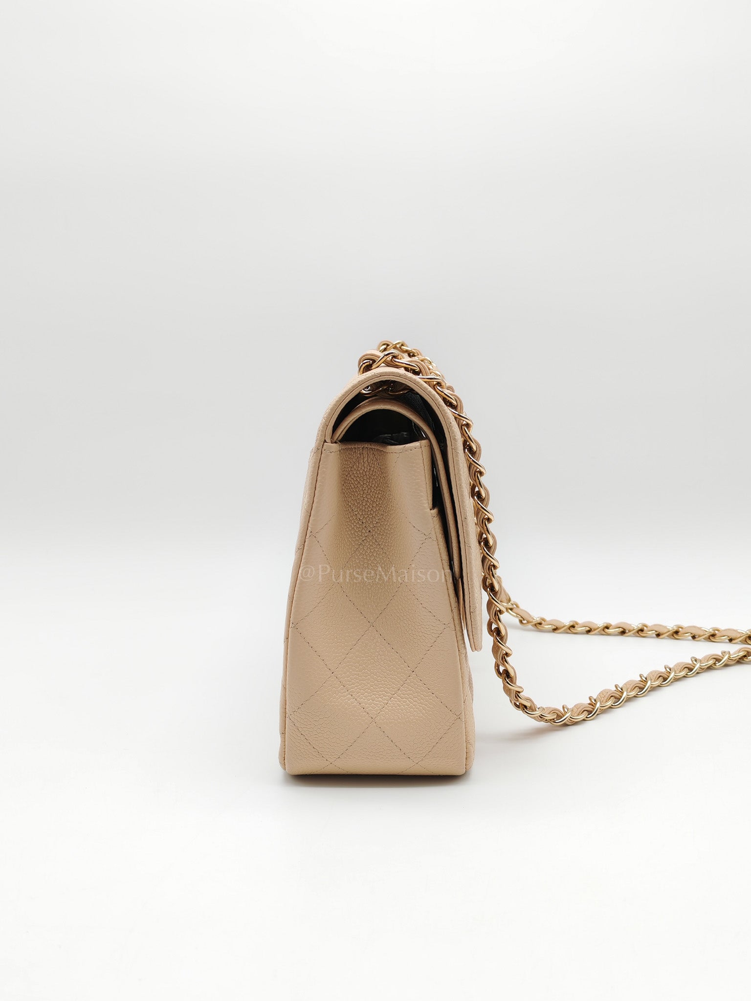 Classic Double Flap Jumbo in Beige Clair Quilted Caviar Leather & Gold Hardware Series 18 | Purse Maison Luxury Bags Shop