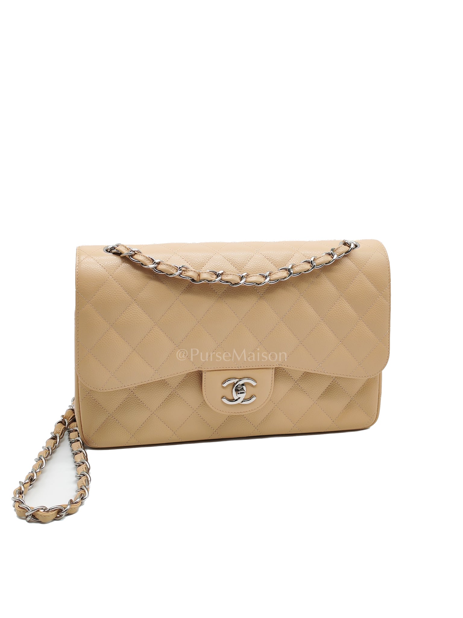 Classic Double Flap Jumbo in Beige Claire Caviar Calfskin Leather and Silver Hardware 16 | Purse Maison Luxury Bags Shop