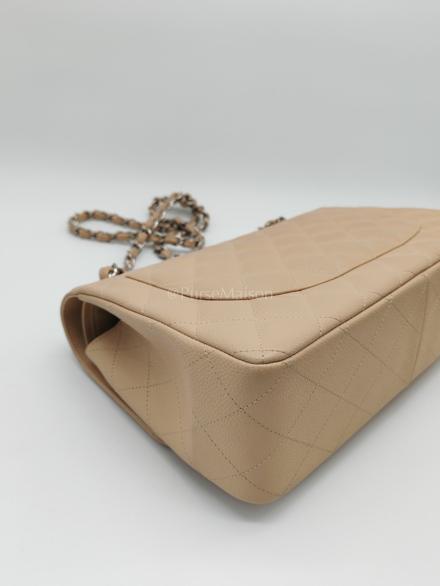 Classic Double Flap Jumbo in Beige Quilted Caviar Leather and Silver Hardware Series 14 | Purse Maison Luxury Bags Shop