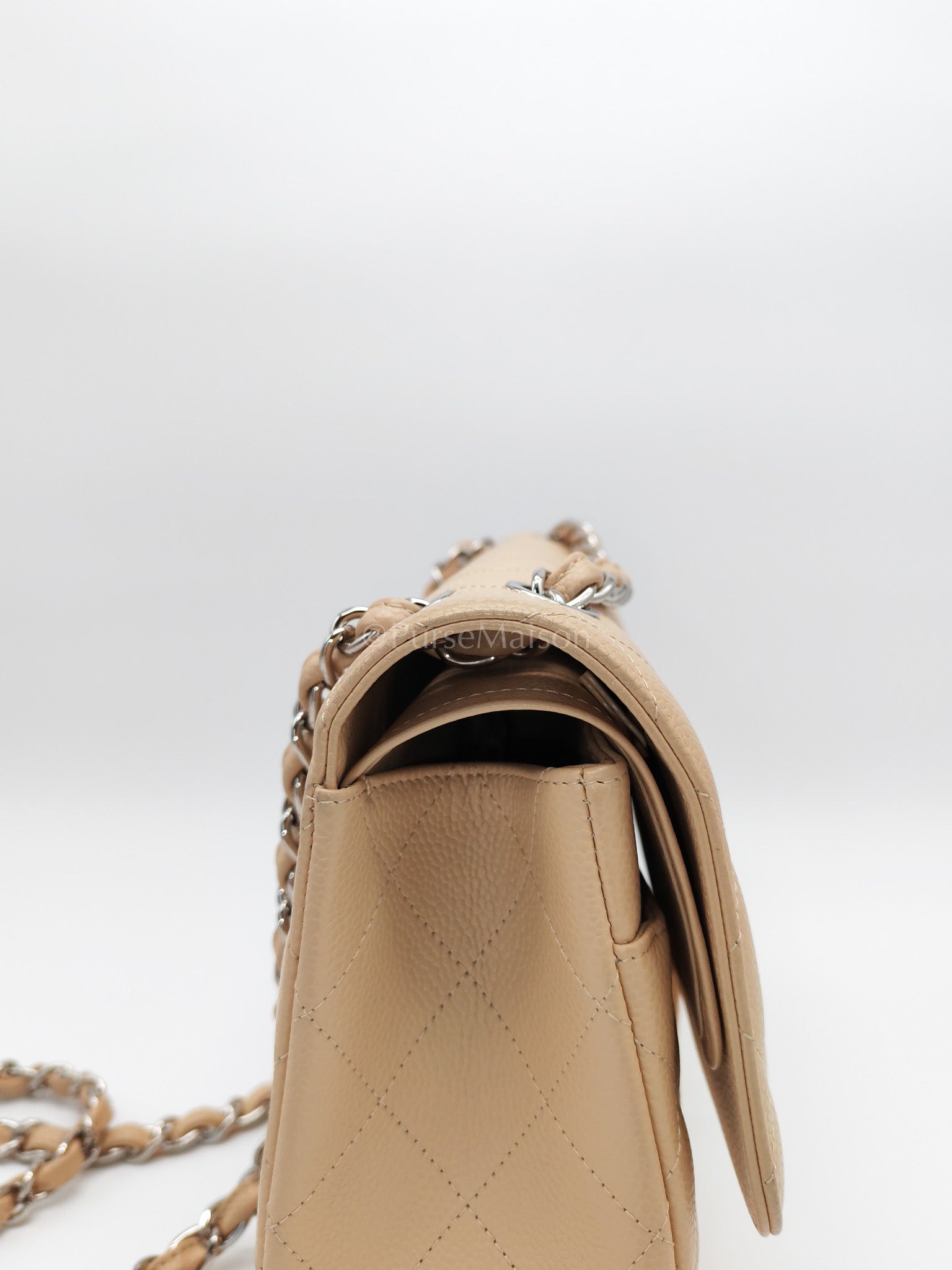 Classic Double Flap Jumbo in Beige Quilted Caviar Leather and Silver Hardware Series 14 | Purse Maison Luxury Bags Shop