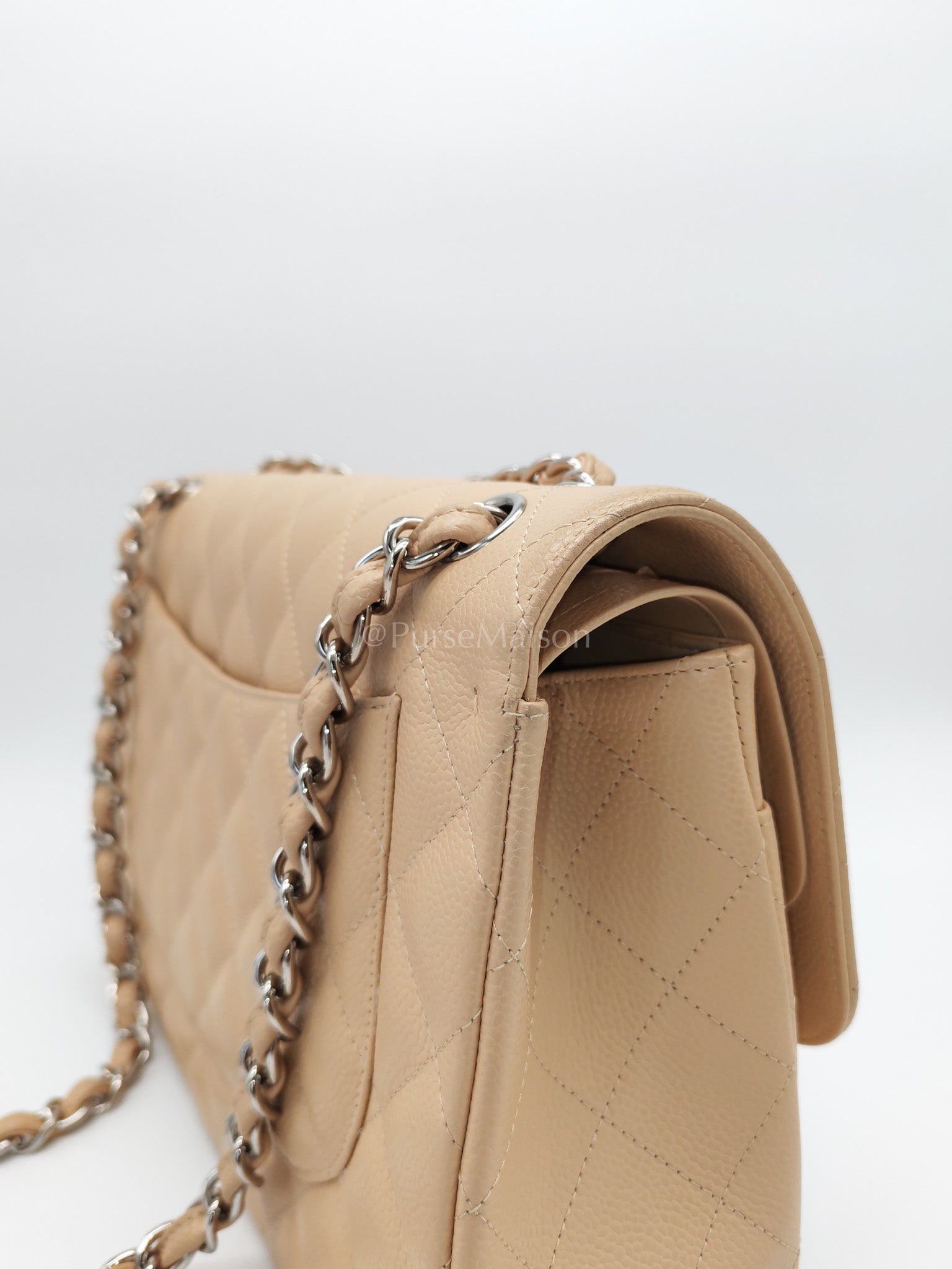 Classic Double Flap Jumbo in Beige Quilted Caviar Leather and Silver Hardware Series 14 | Purse Maison Luxury Bags Shop