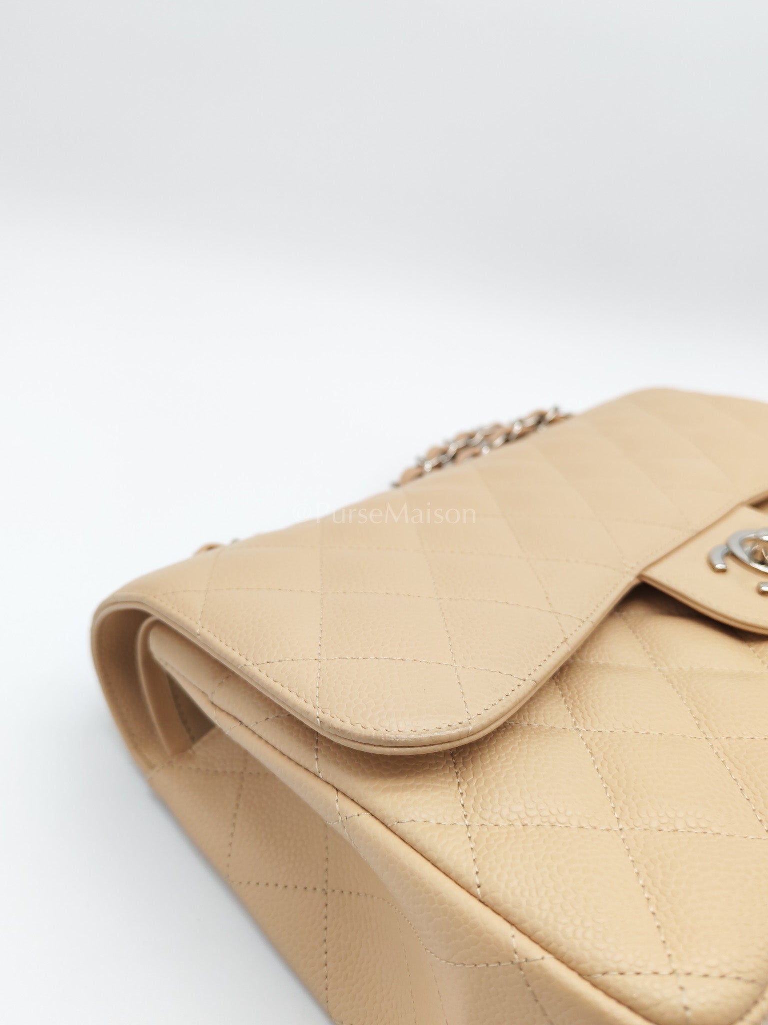 Classic Double Flap Jumbo in Beige Quilted Caviar Leather and Silver Hardware Series 14 | Purse Maison Luxury Bags Shop