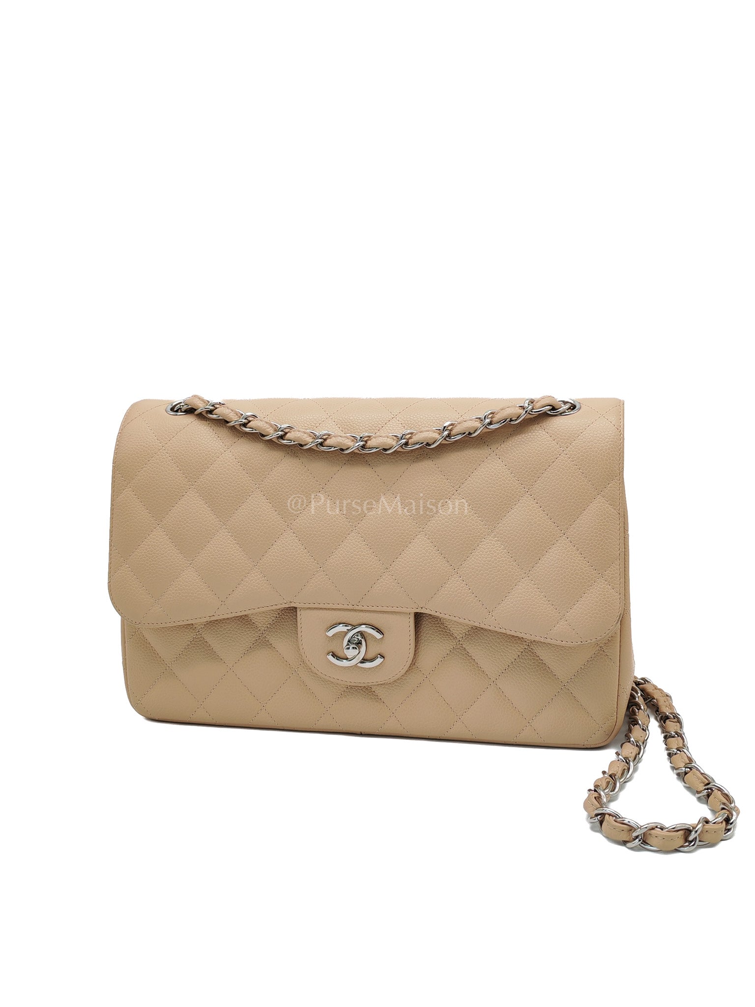 Classic Double Flap Jumbo in Beige Quilted Caviar Leather and Silver Hardware Series 14 | Purse Maison Luxury Bags Shop