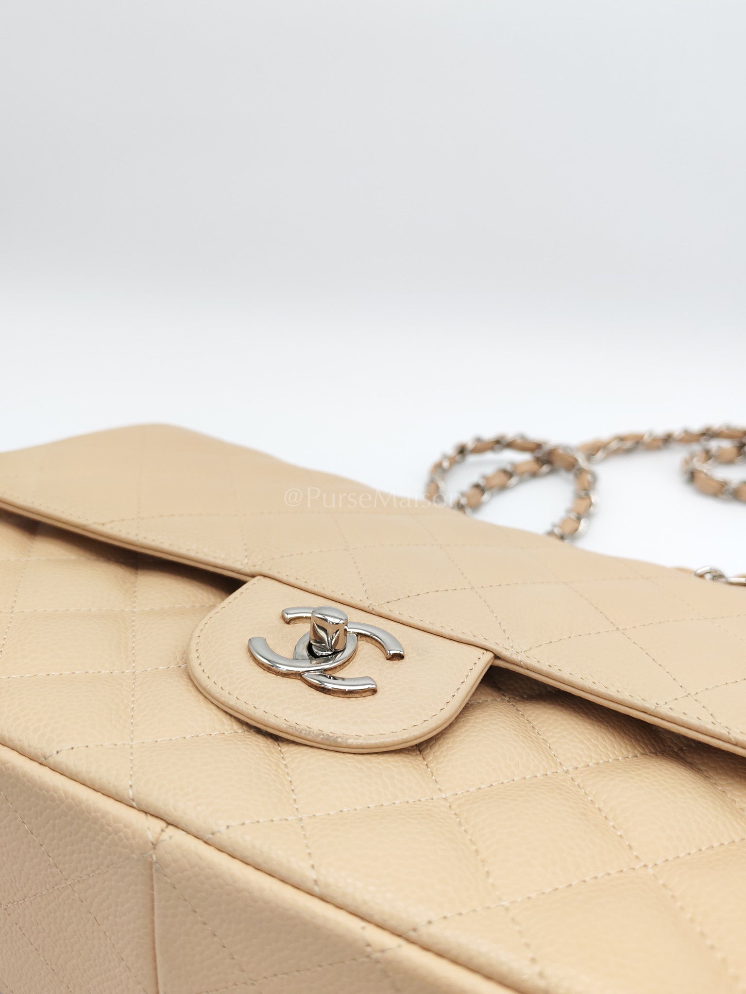 Classic Double Flap Jumbo in Beige Quilted Caviar Leather and Silver Hardware Series 14 | Purse Maison Luxury Bags Shop