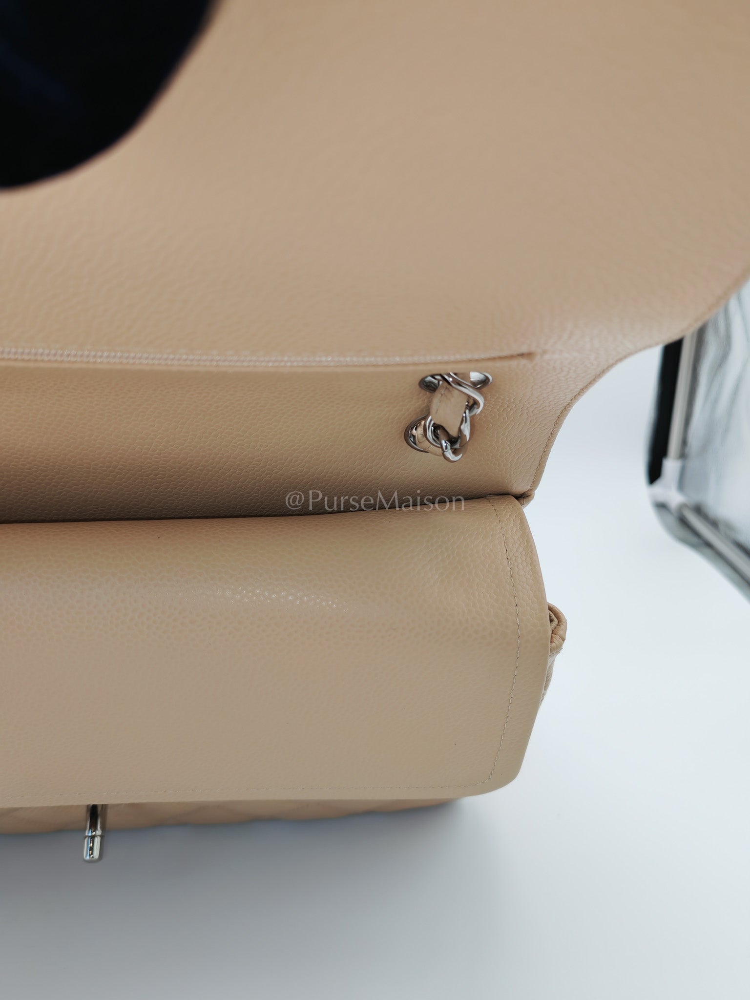 Classic Double Flap Jumbo in Beige Quilted Caviar Leather and Silver Hardware Series 14 | Purse Maison Luxury Bags Shop