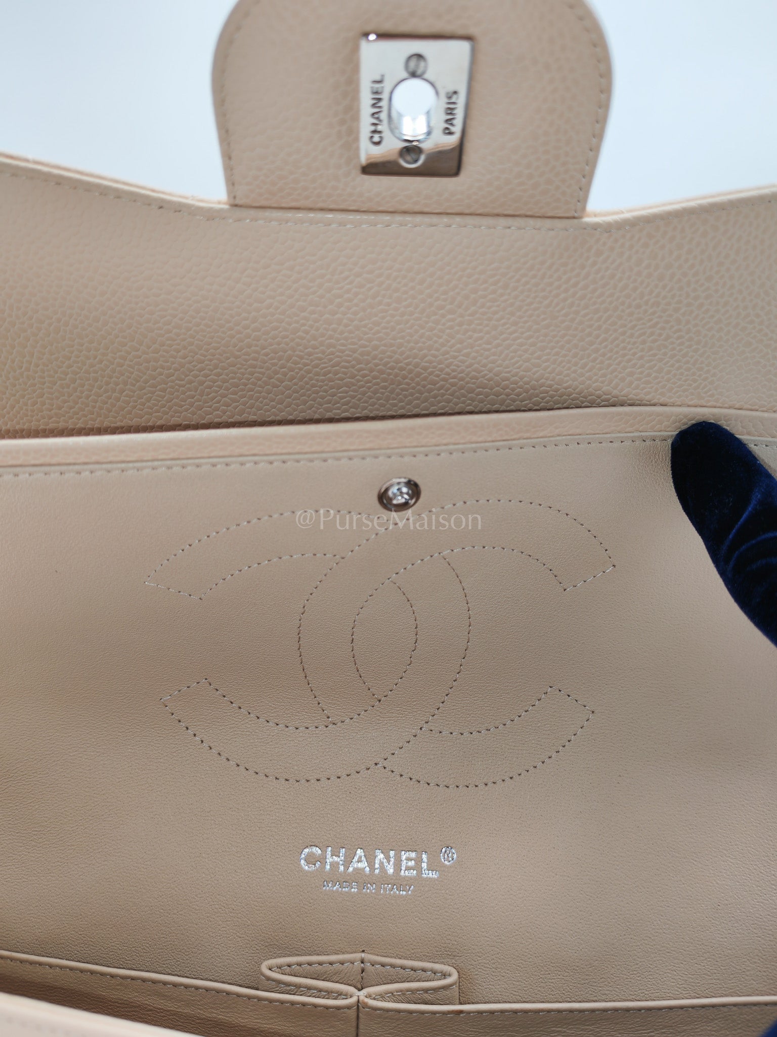 Classic Double Flap Jumbo in Beige Quilted Caviar Leather and Silver Hardware Series 14 | Purse Maison Luxury Bags Shop