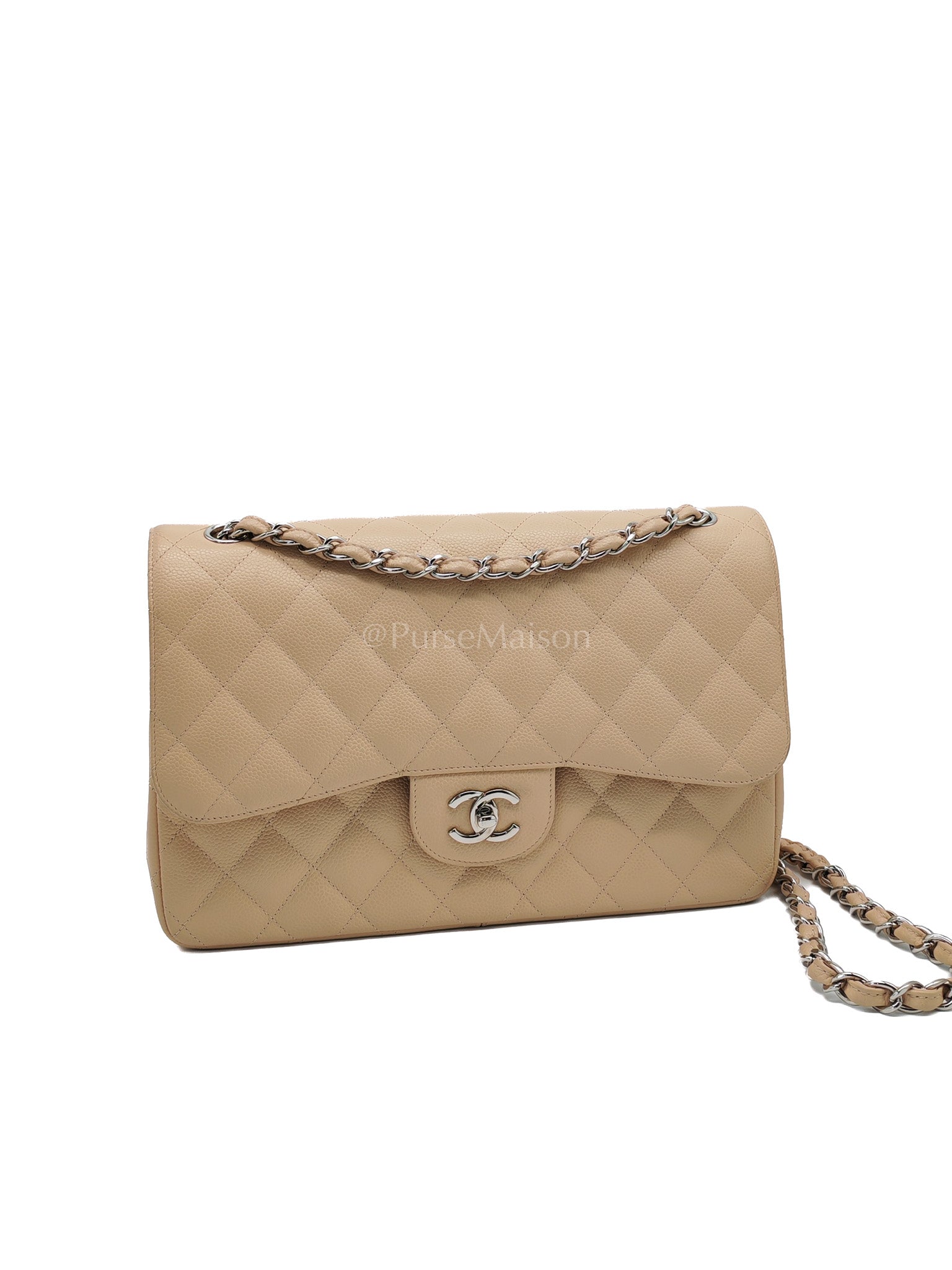 Classic Double Flap Jumbo in Beige Quilted Caviar Leather and Silver Hardware Series 14 | Purse Maison Luxury Bags Shop