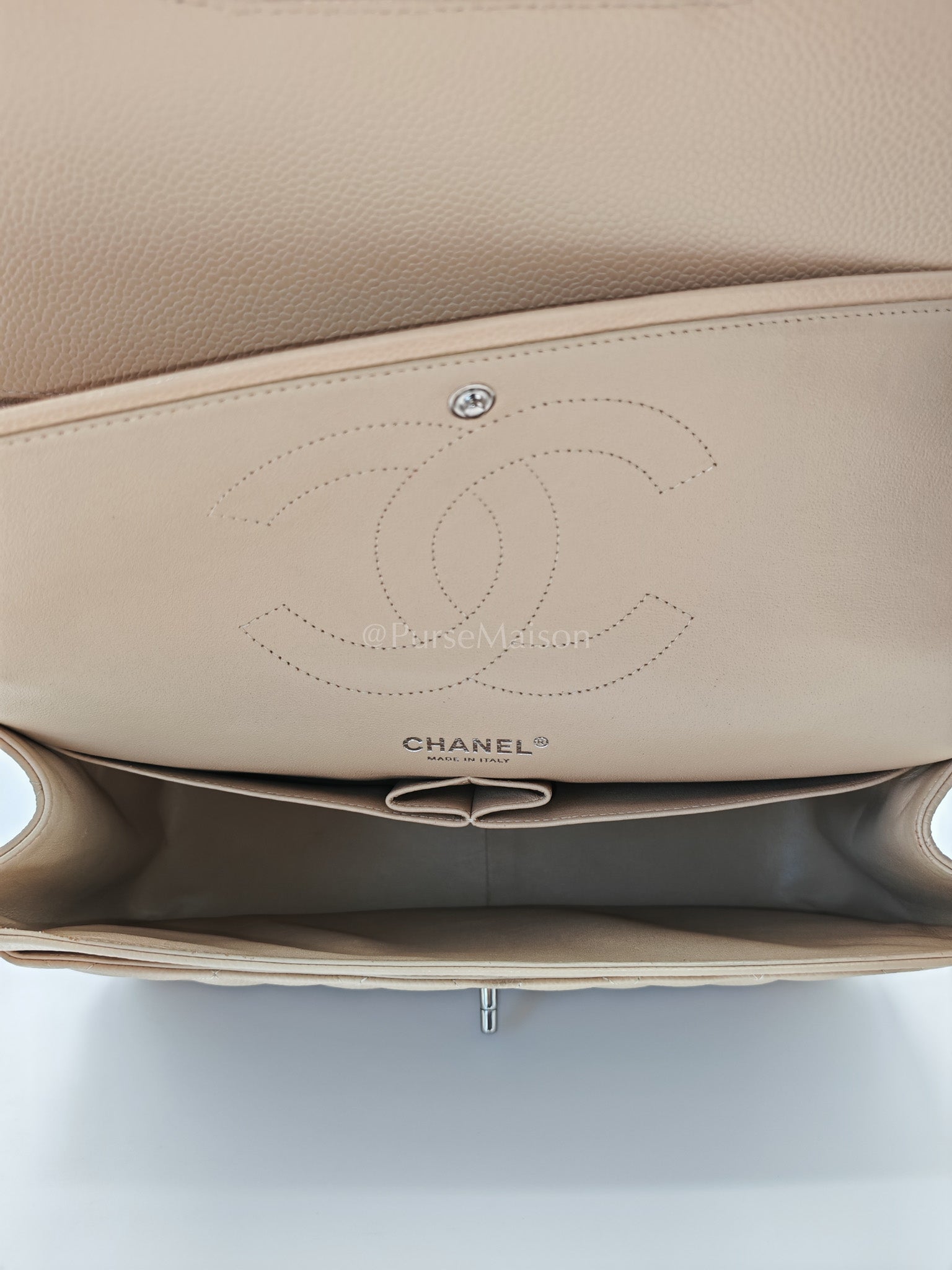 Classic Double Flap Jumbo in Beige Quilted Caviar Leather and Silver Hardware Series 14 | Purse Maison Luxury Bags Shop