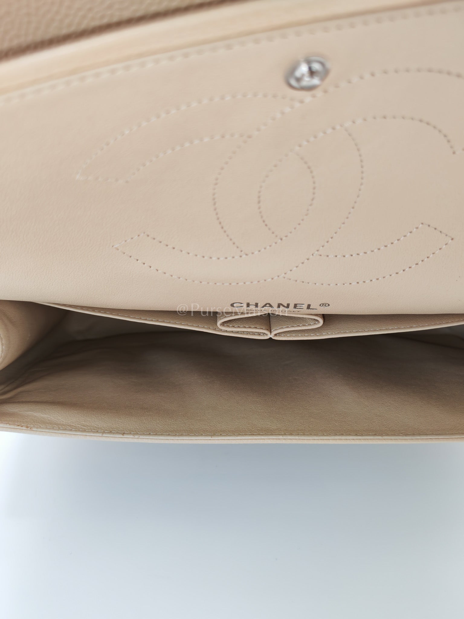 Classic Double Flap Jumbo in Beige Quilted Caviar Leather and Silver Hardware Series 14 | Purse Maison Luxury Bags Shop