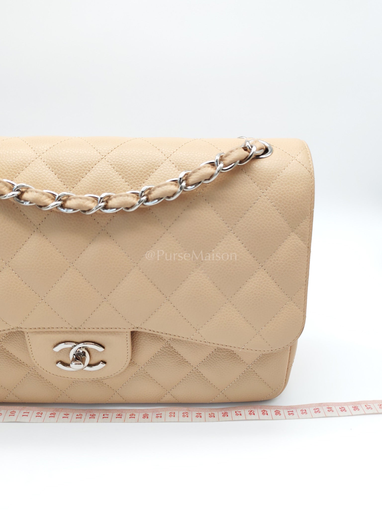 Classic Double Flap Jumbo in Beige Quilted Caviar Leather and Silver Hardware Series 14 | Purse Maison Luxury Bags Shop